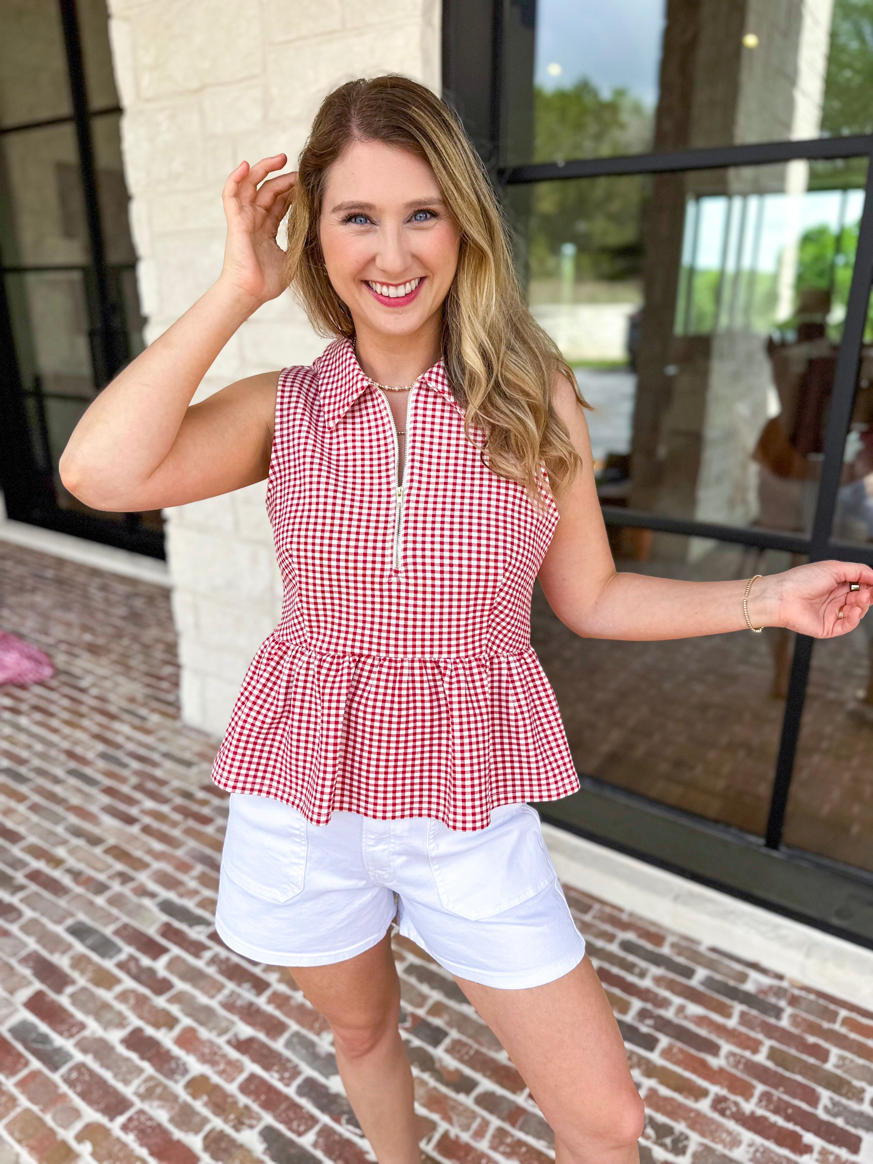 Sweetheart Gingham Red Blouse-200 Fashion Blouses-ENTRO-July & June Women's Fashion Boutique Located in San Antonio, Texas