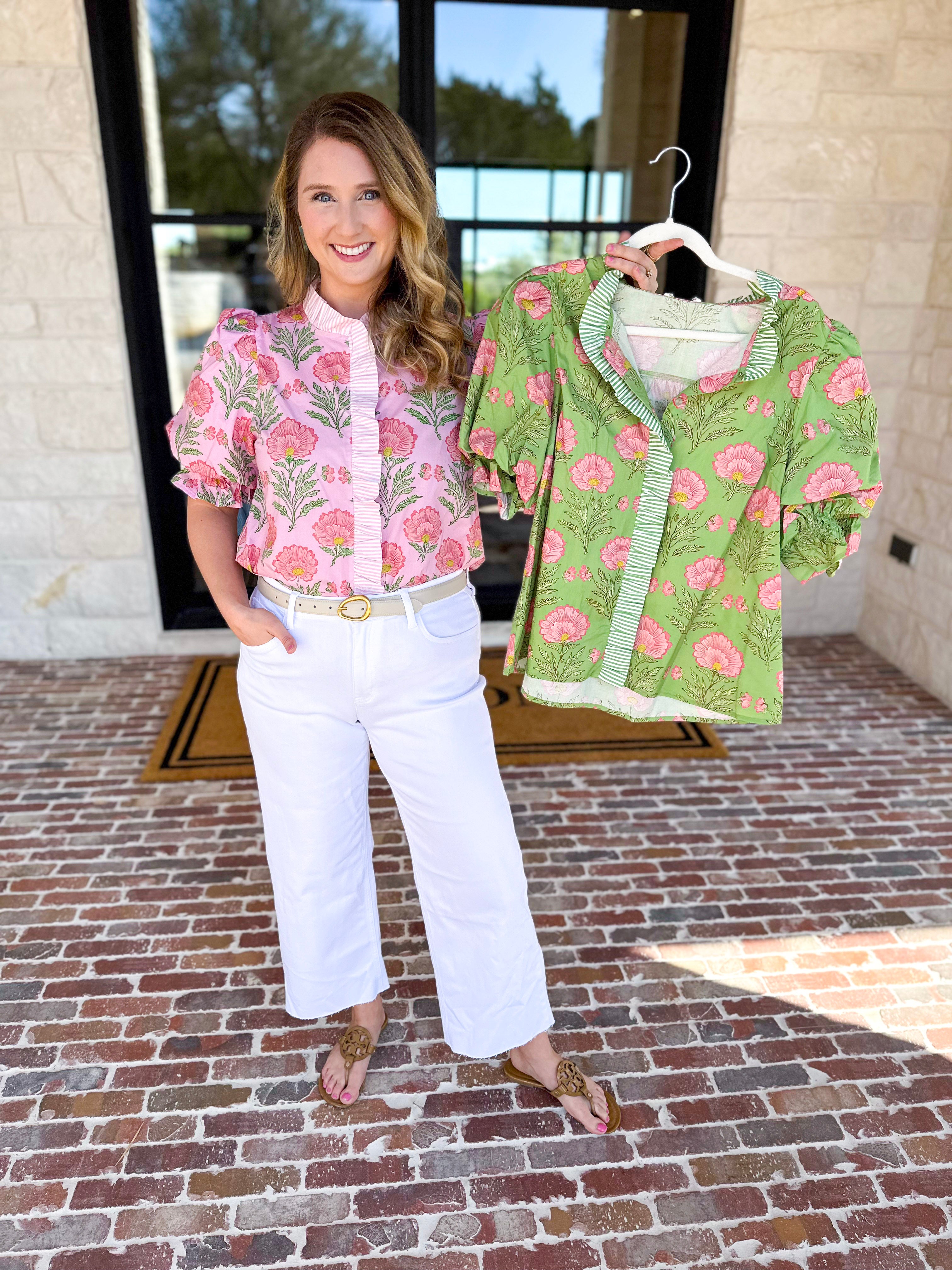 Floral Fun Blouse - Matcha-200 Fashion Blouses-ENTRO-July & June Women's Fashion Boutique Located in San Antonio, Texas
