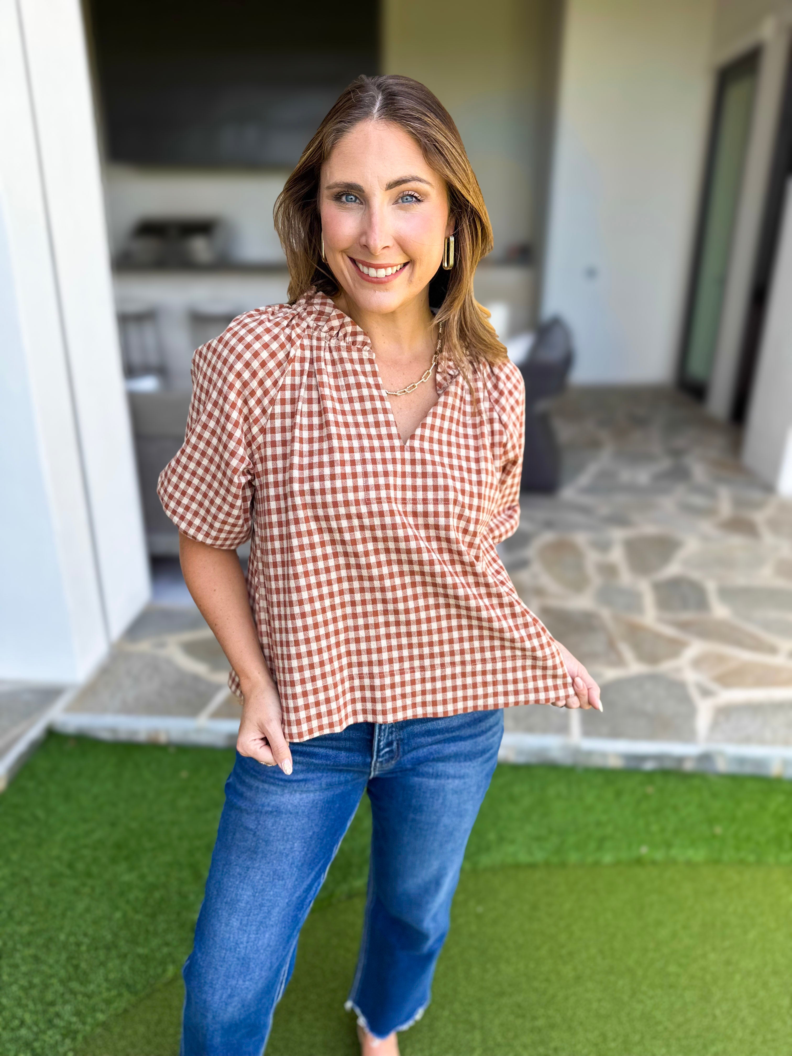 August Gingham Blouse - Golden Tan-200 Fashion Blouses-OLIVACEOUS-July & June Women's Fashion Boutique Located in San Antonio, Texas