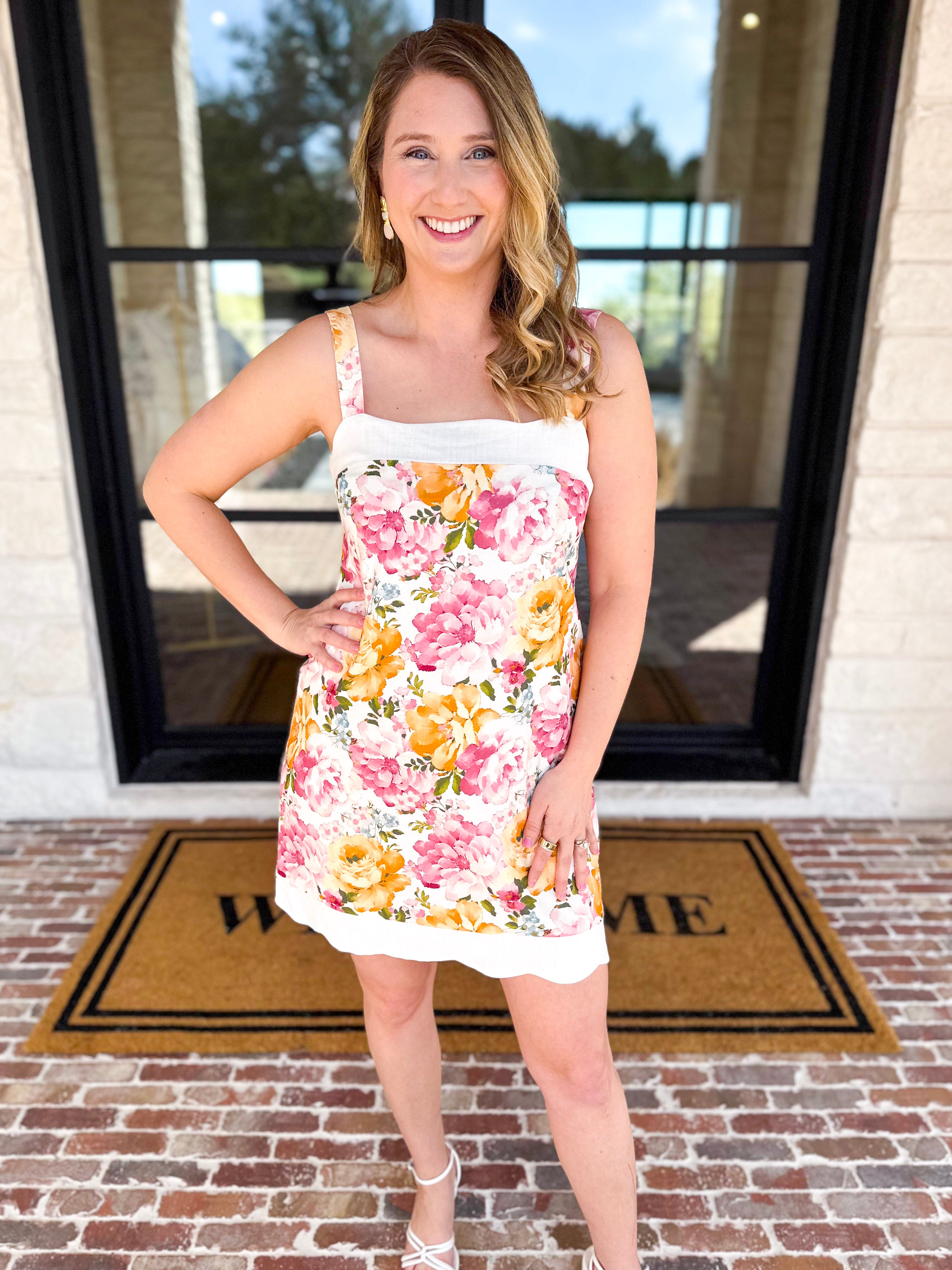 Cream & Floral Scalloped Mini Dress-510 Mini-FATE-July & June Women's Fashion Boutique Located in San Antonio, Texas