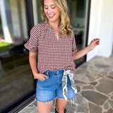 August Gingham Blouse - Maroon-200 Fashion Blouses-OLIVACEOUS-July & June Women's Fashion Boutique Located in San Antonio, Texas