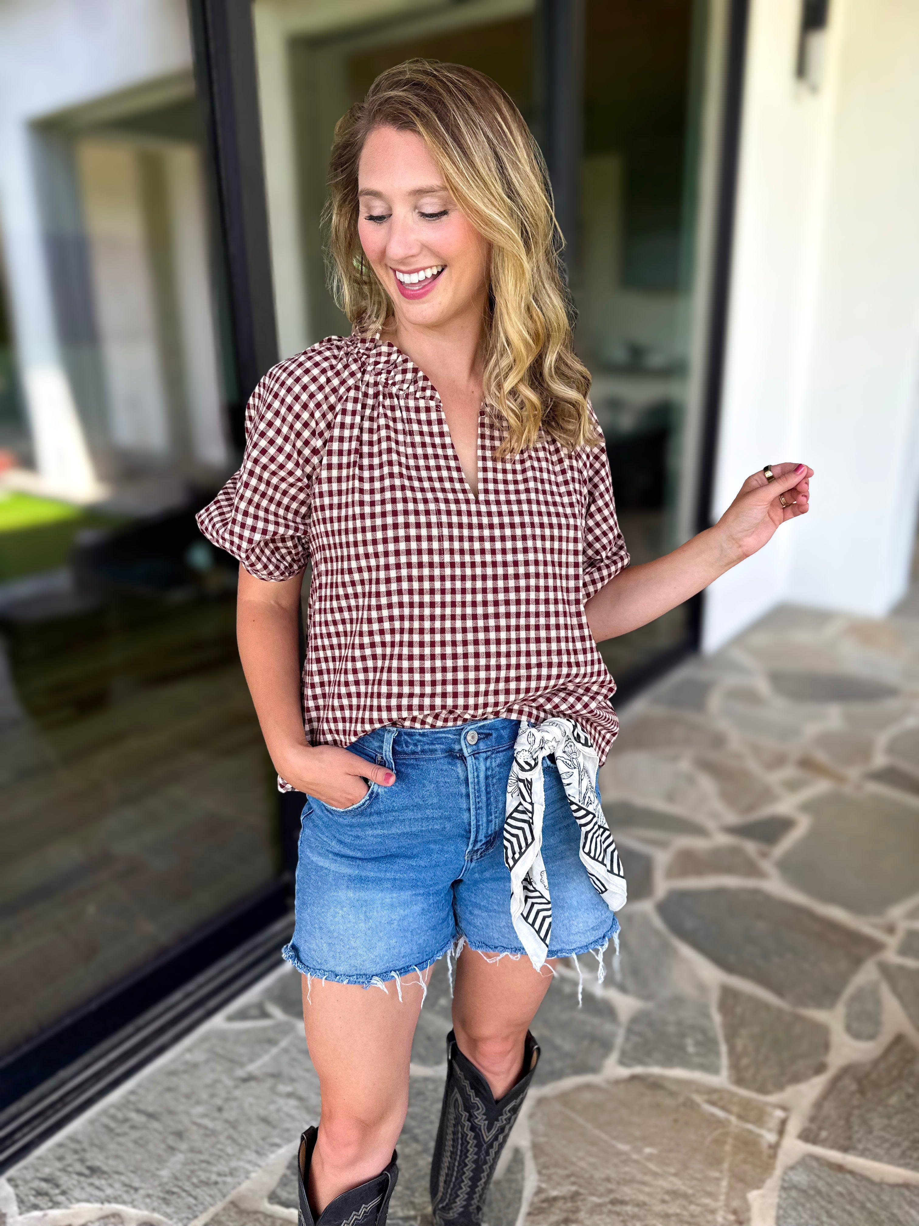 August Gingham Blouse - Maroon-200 Fashion Blouses-OLIVACEOUS-July & June Women's Fashion Boutique Located in San Antonio, Texas