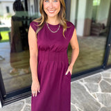 Polished Pin-Tuck Midi Dress - Burgundy-500 Midi-ENTRO-July & June Women's Fashion Boutique Located in San Antonio, Texas