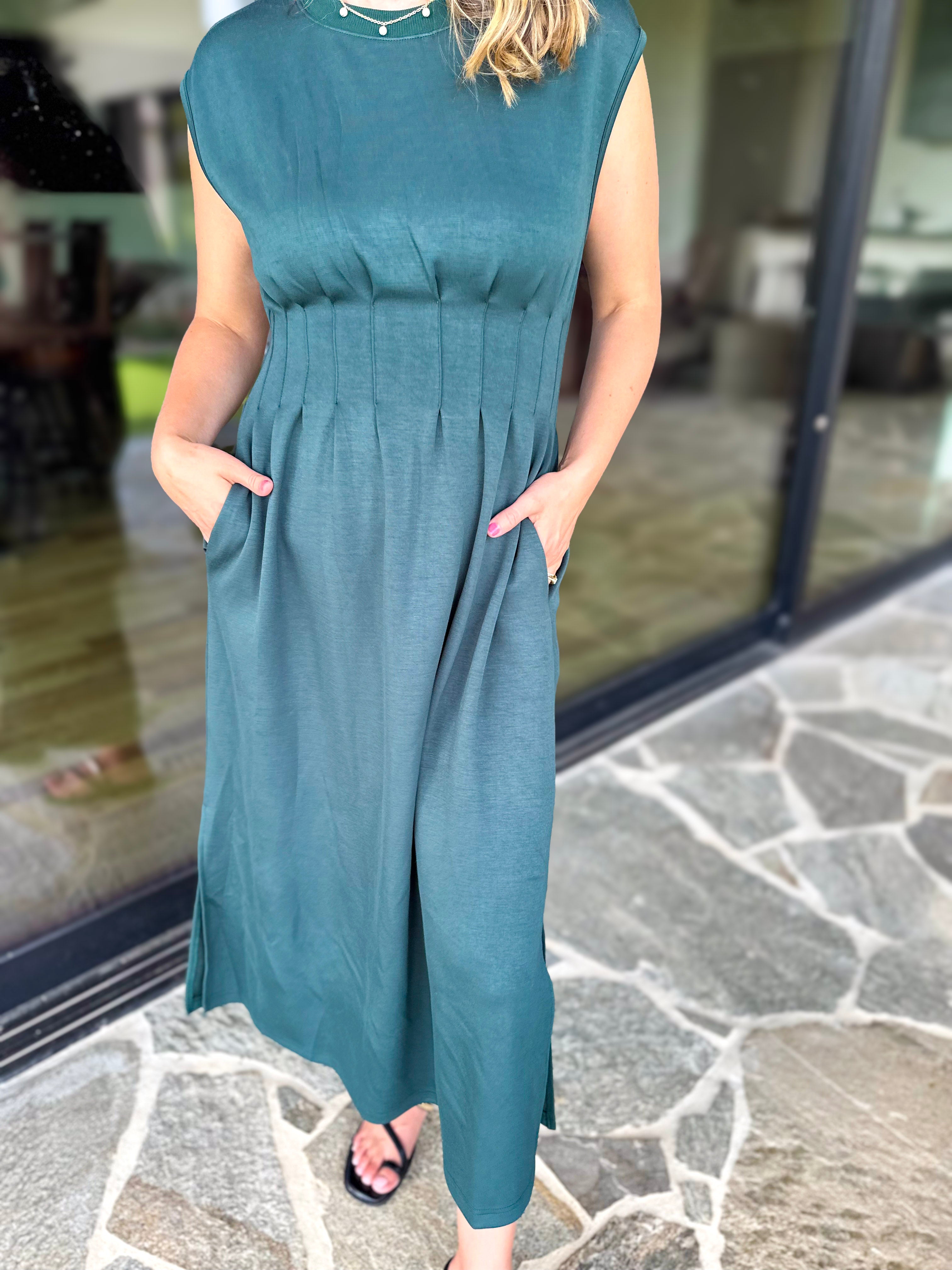 Polished Pin-Tuck Midi Dress - Pine Green-500 Midi-ENTRO-July & June Women's Fashion Boutique Located in San Antonio, Texas