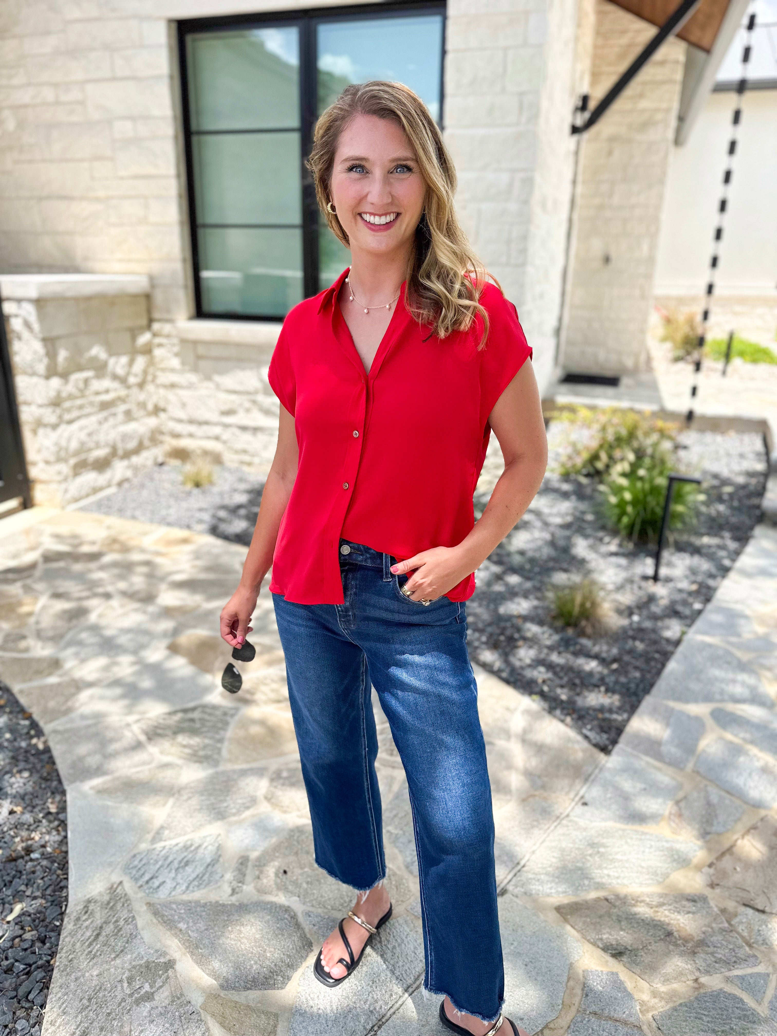 Current Air - Classic Button Down Blouse - Red-200 Fashion Blouses-CURRENT AIR CLOTHING-July & June Women's Fashion Boutique Located in San Antonio, Texas