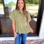 Living Life Gingham Top - Matcha-200 Fashion Blouses-ENTRO-July & June Women's Fashion Boutique Located in San Antonio, Texas