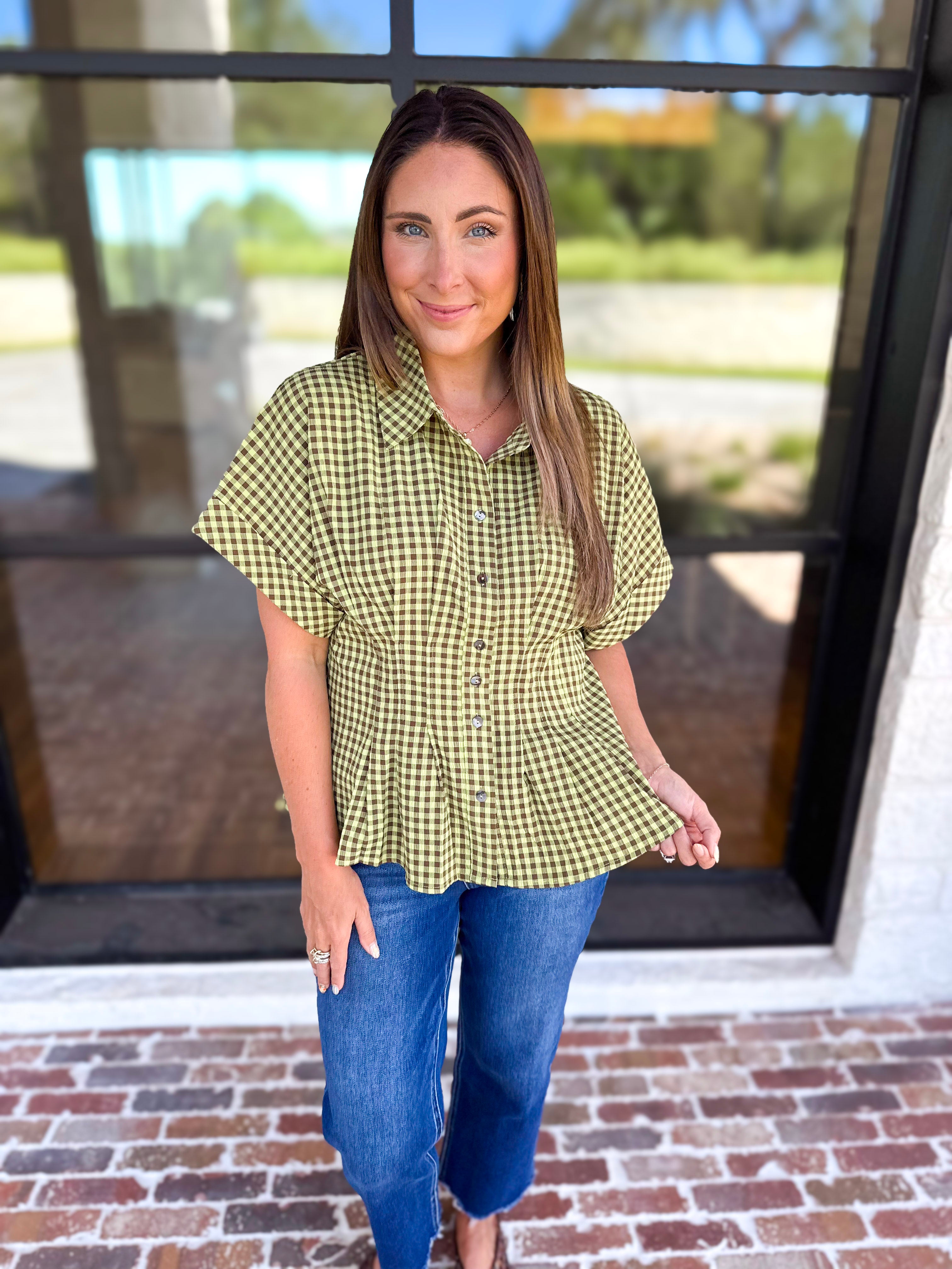 Living Life Gingham Top - Matcha-200 Fashion Blouses-ENTRO-July & June Women's Fashion Boutique Located in San Antonio, Texas