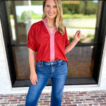 Contrast Chic Blouse - Terracotta-200 Fashion Blouses-ENTRO-July & June Women's Fashion Boutique Located in San Antonio, Texas