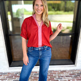 Contrast Chic Blouse - Terracotta-200 Fashion Blouses-ENTRO-July & June Women's Fashion Boutique Located in San Antonio, Texas