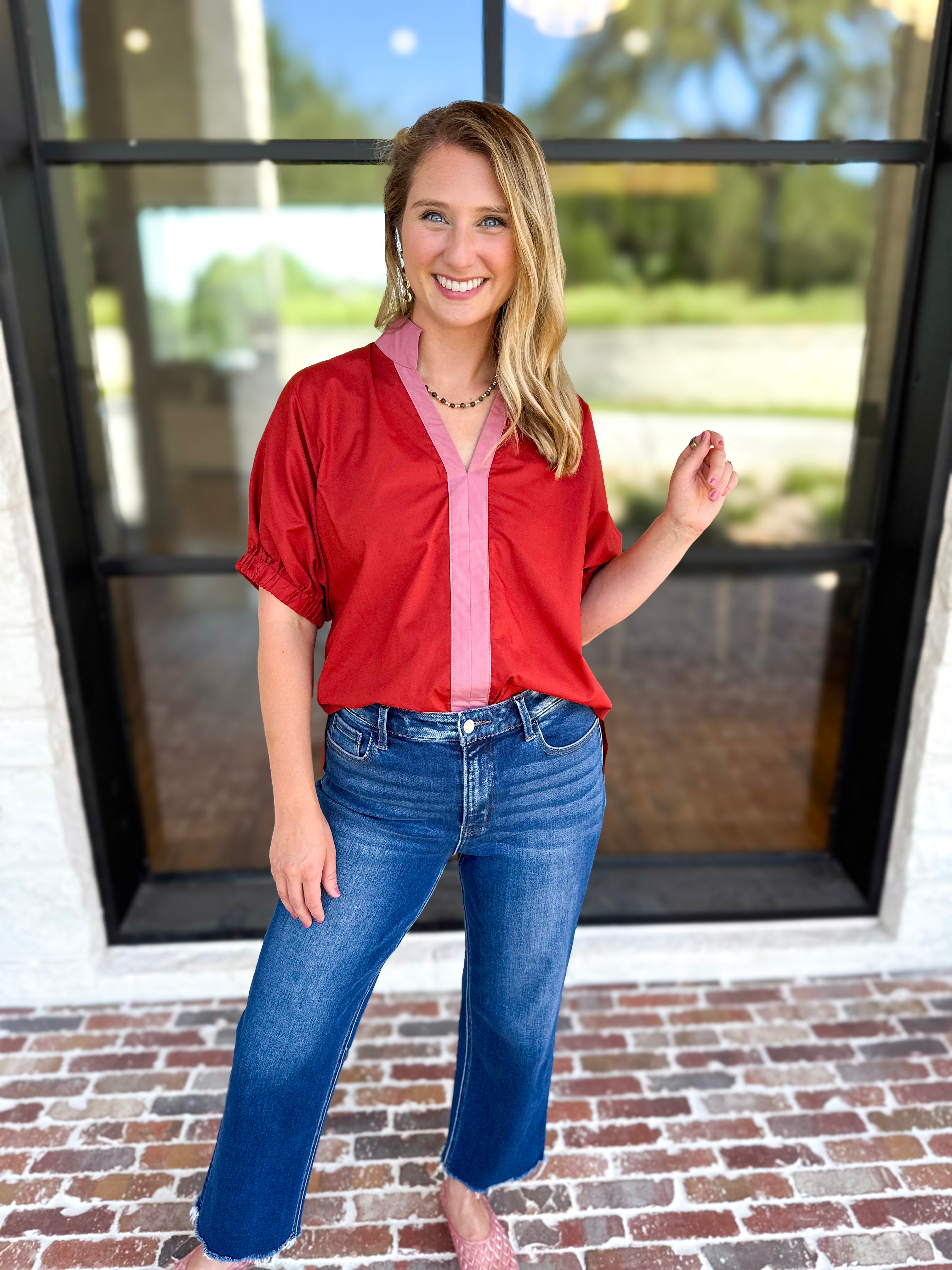 Contrast Chic Blouse - Terracotta-200 Fashion Blouses-ENTRO-July & June Women's Fashion Boutique Located in San Antonio, Texas