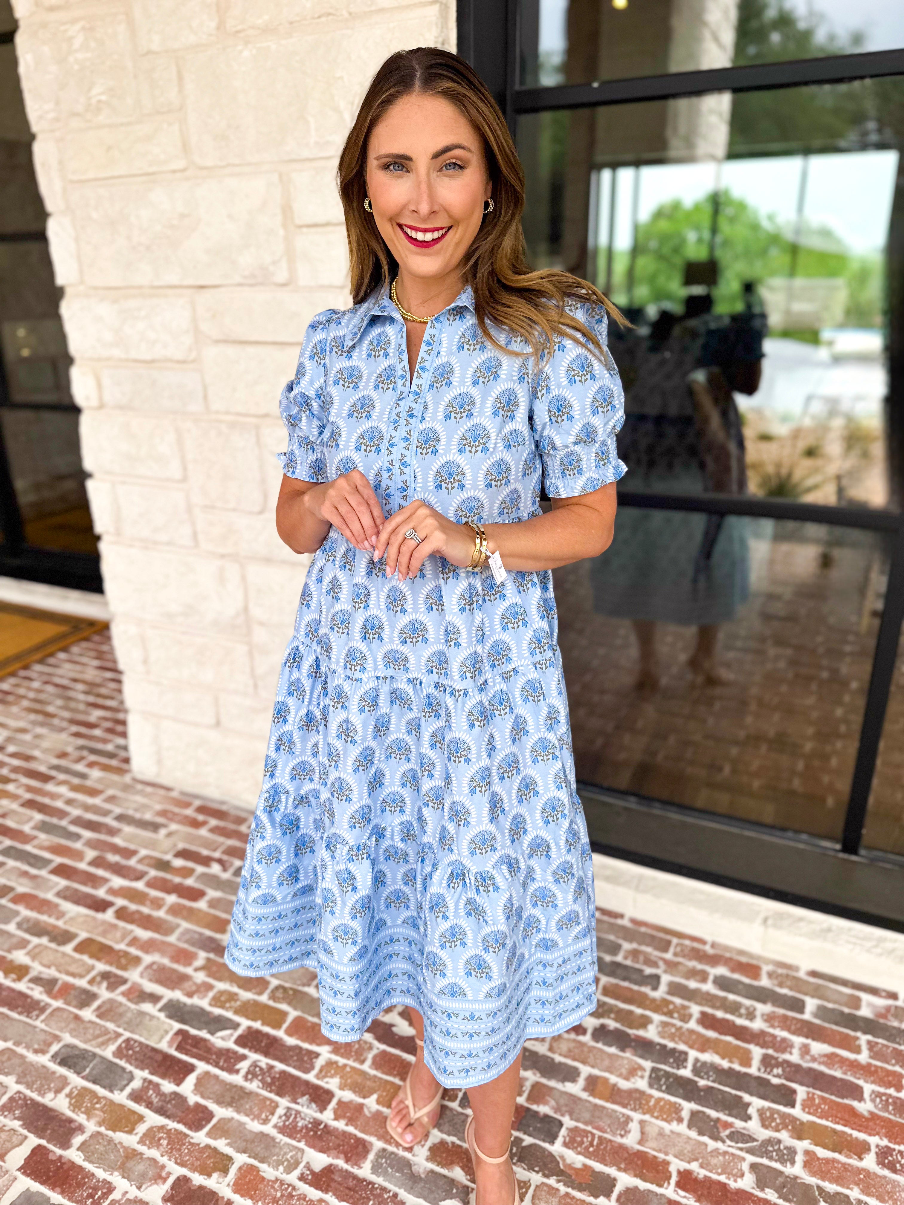 MARY SQUARE - Molly Sunshower Blue Flora Midi Dress-500 Midi-MARY SQUARE-July & June Women's Fashion Boutique Located in San Antonio, Texas