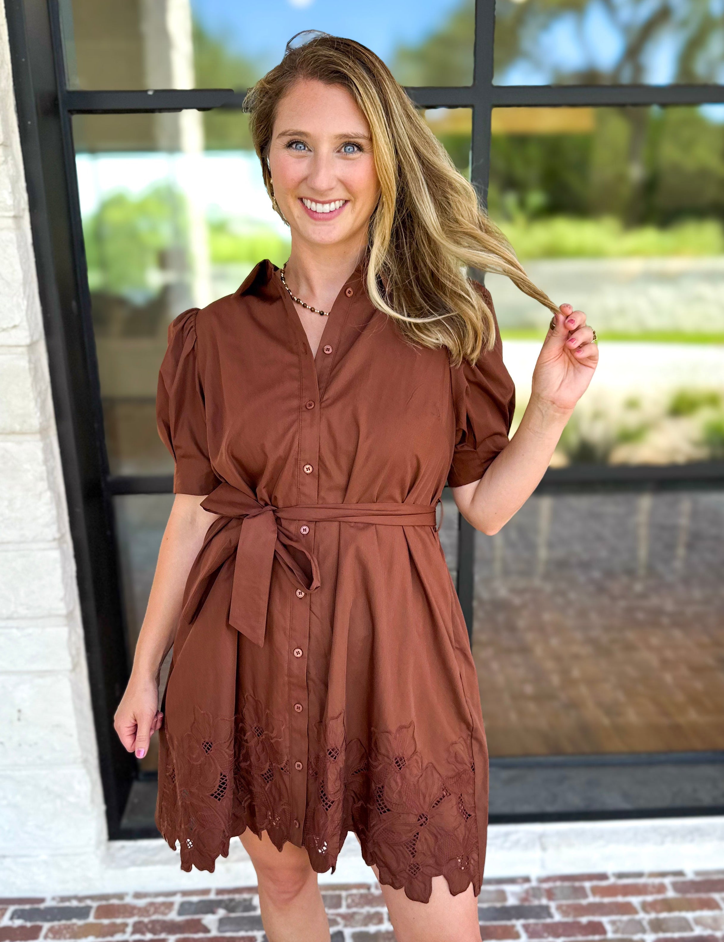 Espresso Lace Trim Mini Dress-510 Mini-ENTRO-July & June Women's Fashion Boutique Located in San Antonio, Texas