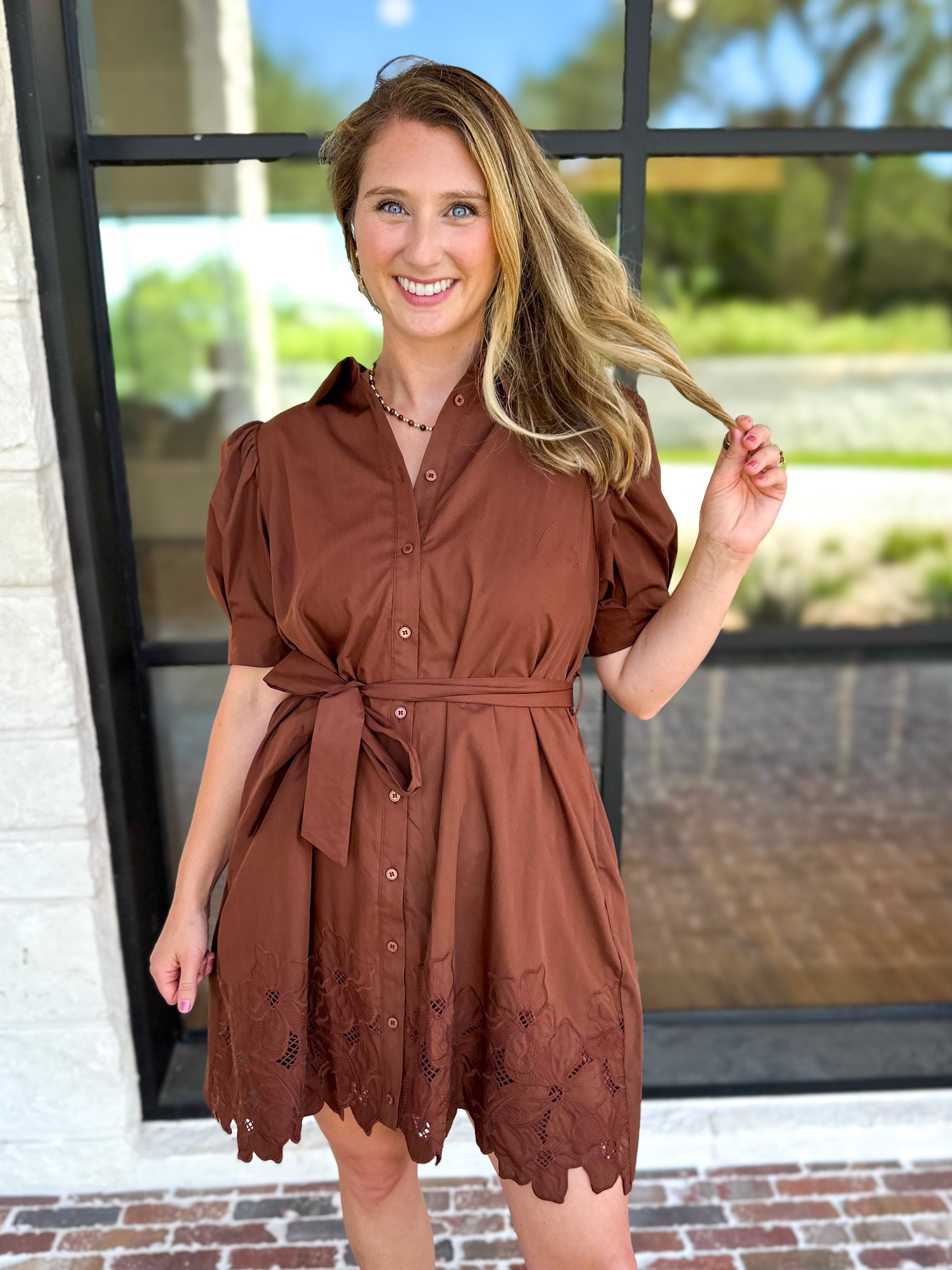 Espresso Lace Trim Mini Dress-510 Mini-ENTRO-July & June Women's Fashion Boutique Located in San Antonio, Texas
