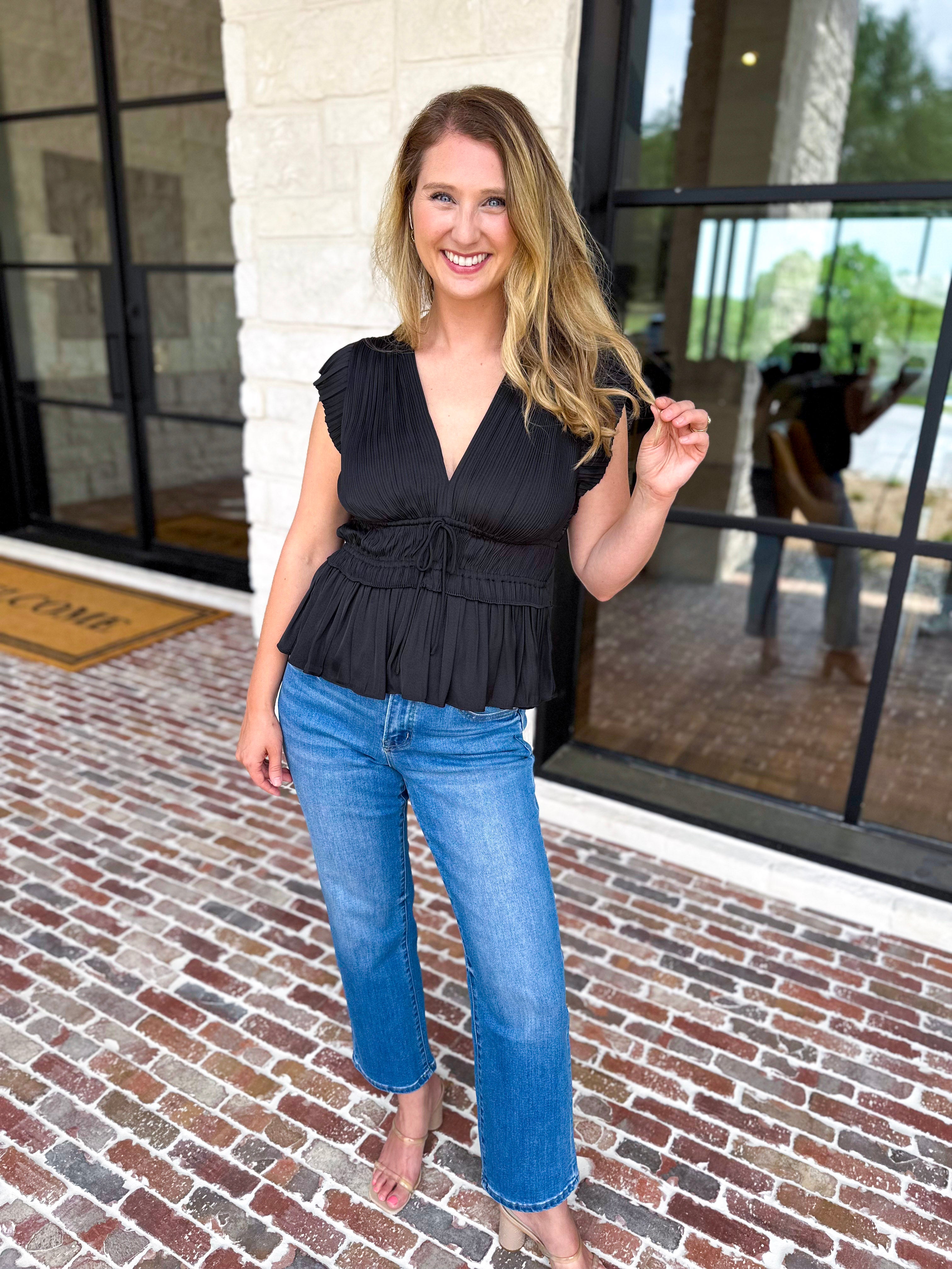 Current Air - Black Satin Date Night Blouse-200 Fashion Blouses-CURRENT AIR CLOTHING-July & June Women's Fashion Boutique Located in San Antonio, Texas