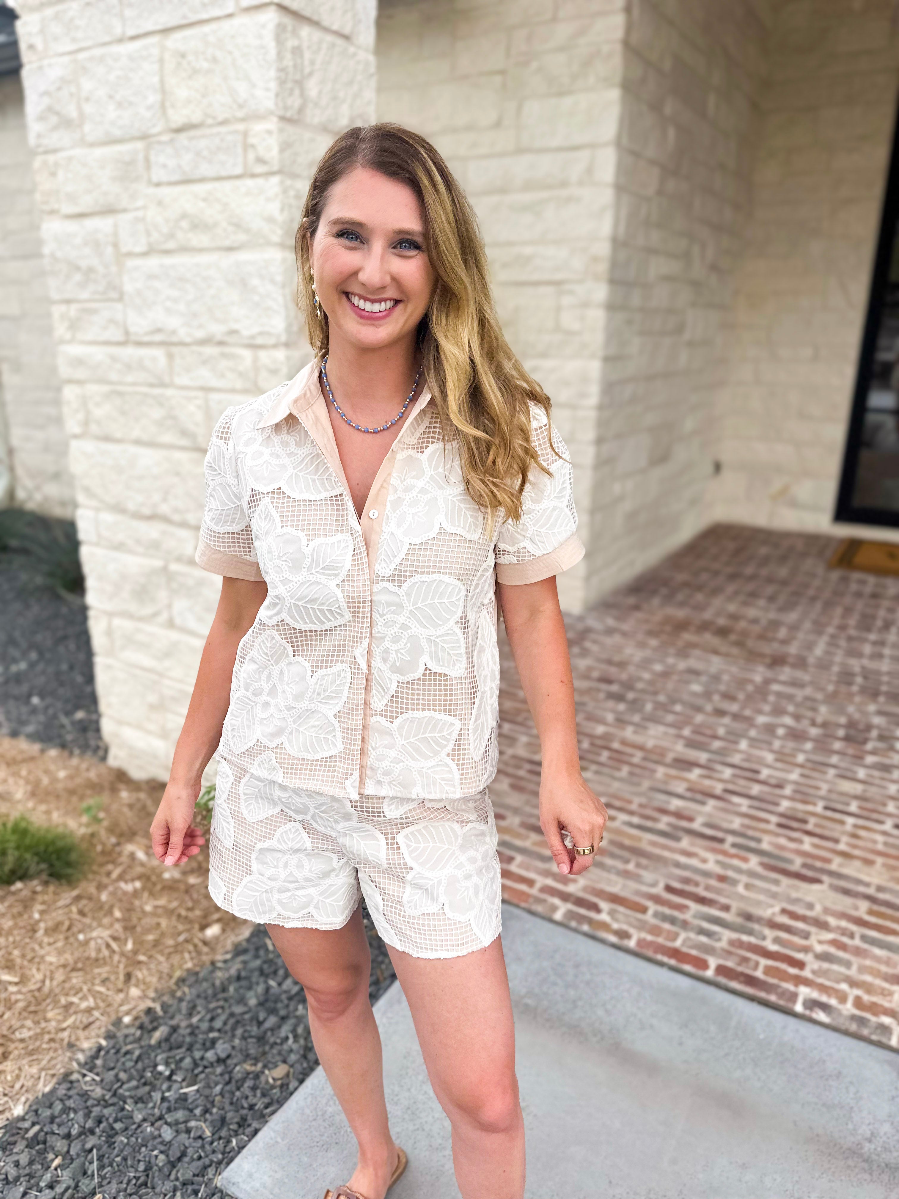 Taupe & Cream Crochet Short Set-510 Mini-STRUT & BOLT-July & June Women's Fashion Boutique Located in San Antonio, Texas