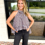 Delia Gingham Halter Blouse-200 Fashion Blouses-OLIVACEOUS-July & June Women's Fashion Boutique Located in San Antonio, Texas