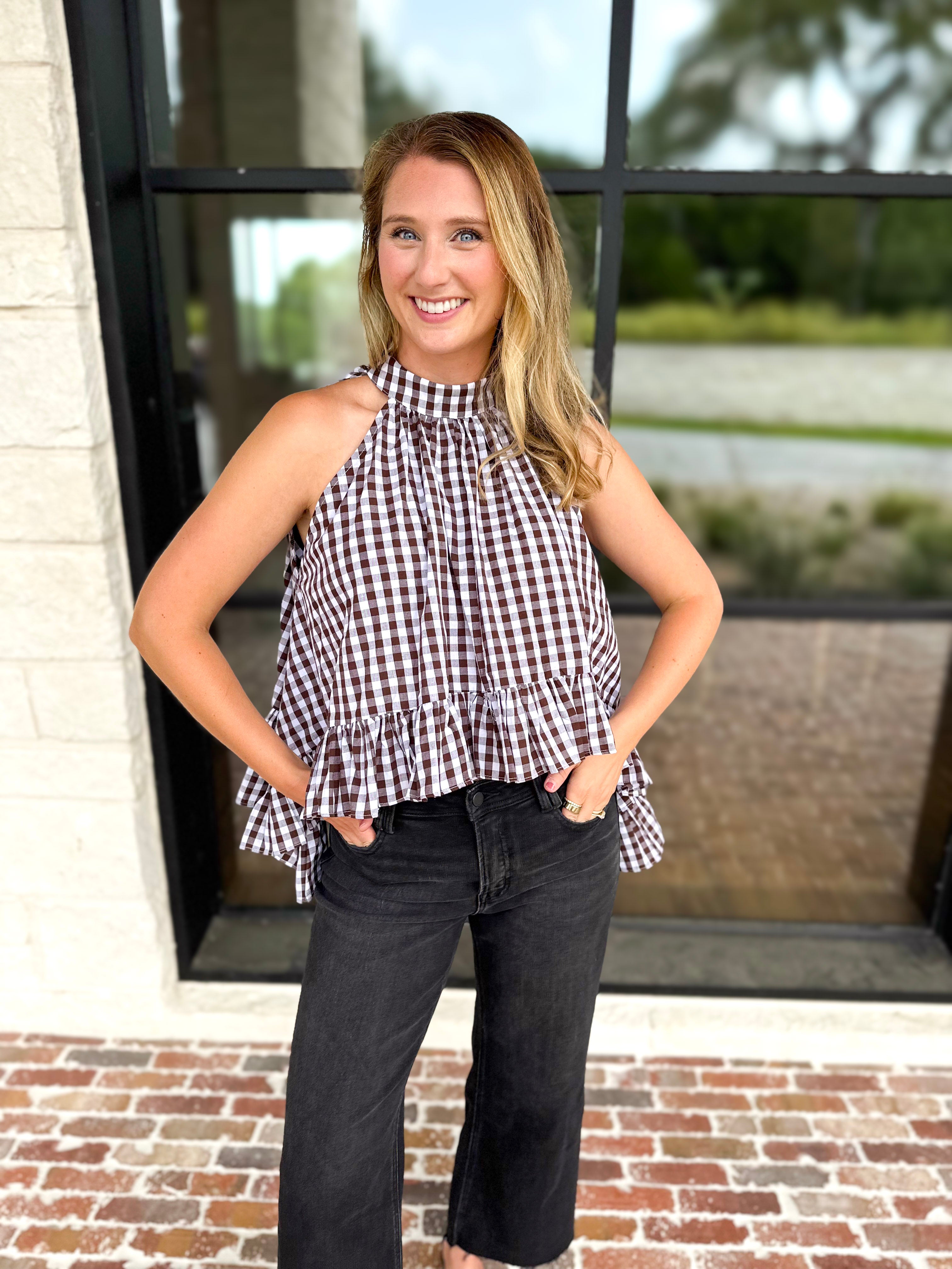 Delia Gingham Halter Blouse-200 Fashion Blouses-OLIVACEOUS-July & June Women's Fashion Boutique Located in San Antonio, Texas