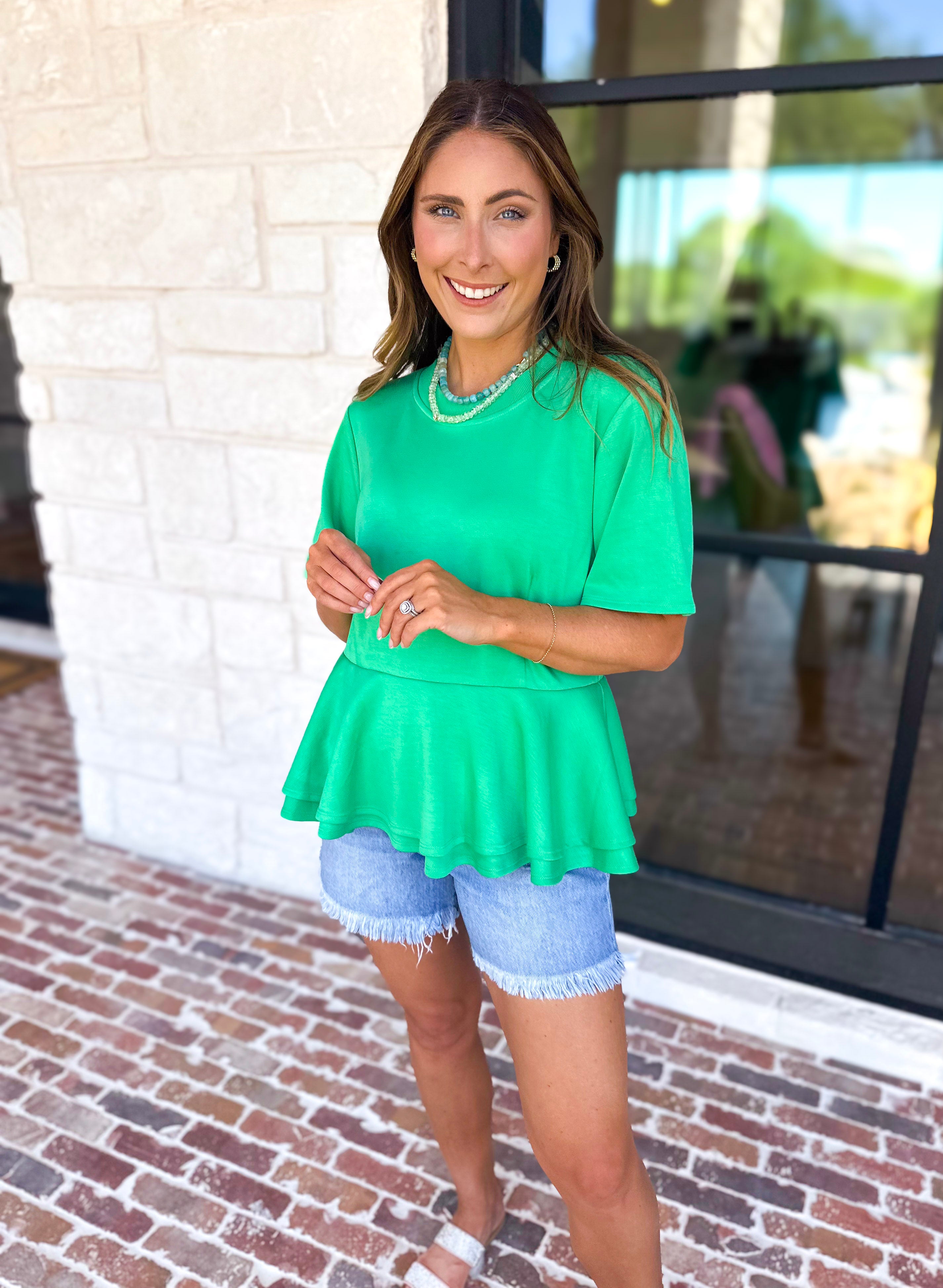 Kelly Green Peplum Comfy Top-210 Casual Blouses-ENTRO-July & June Women's Fashion Boutique Located in San Antonio, Texas