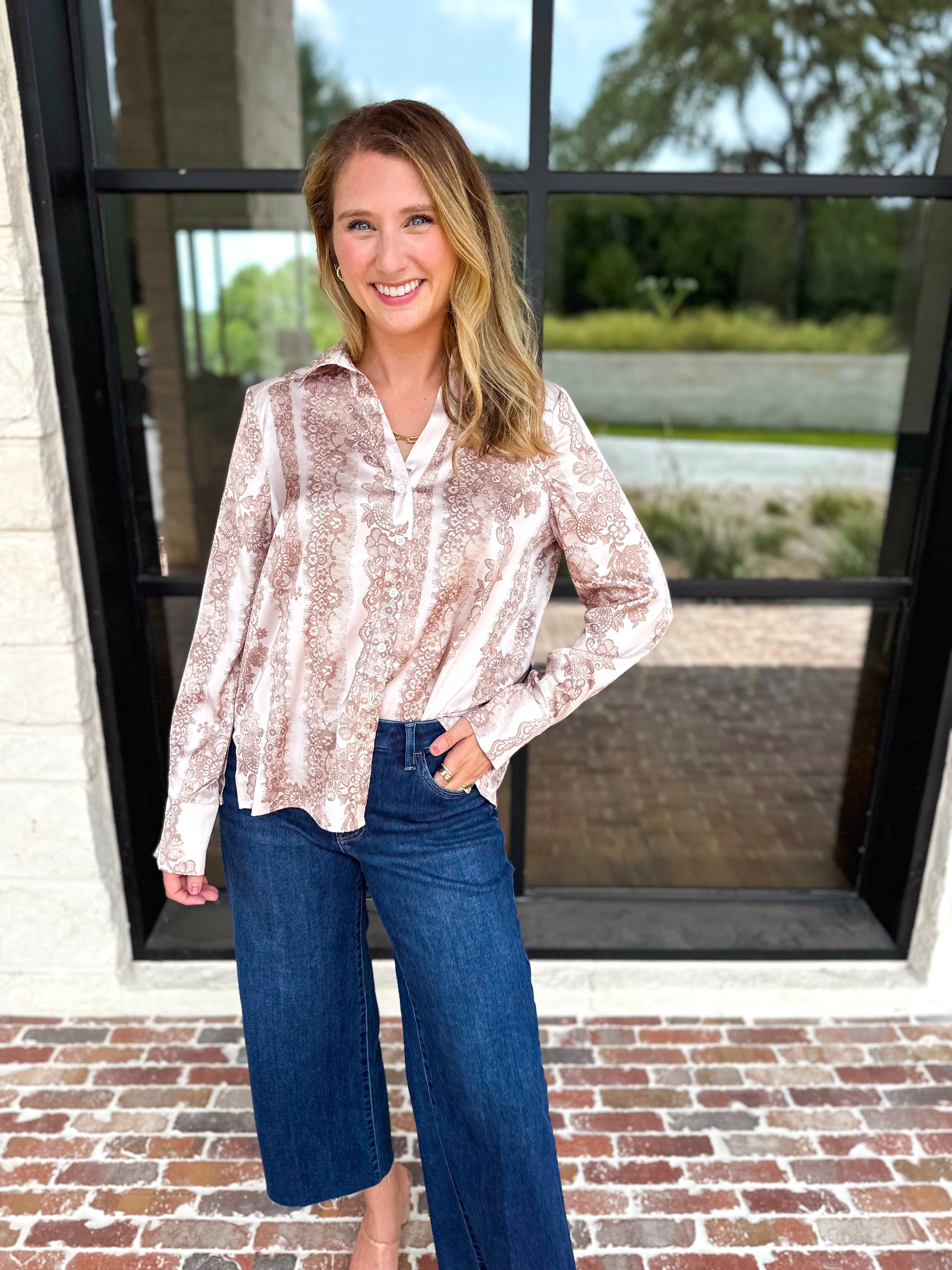 Current Air - Rosé Satin Button Down Blouse-200 Fashion Blouses-CURRENT AIR CLOTHING-July & June Women's Fashion Boutique Located in San Antonio, Texas