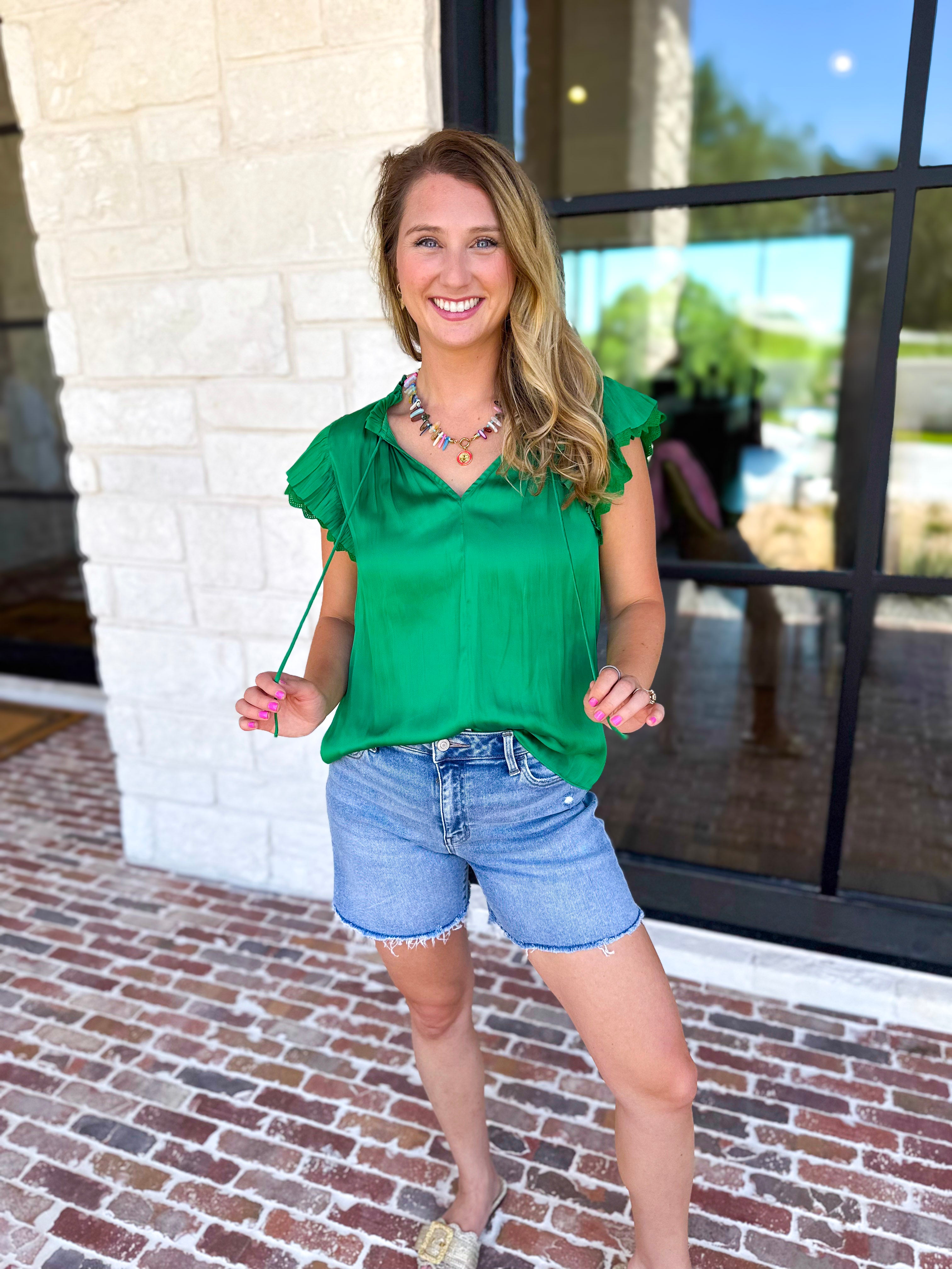 Current Air - Kelly Green Crochet Details Blouse-200 Fashion Blouses-CURRENT AIR CLOTHING-July & June Women's Fashion Boutique Located in San Antonio, Texas