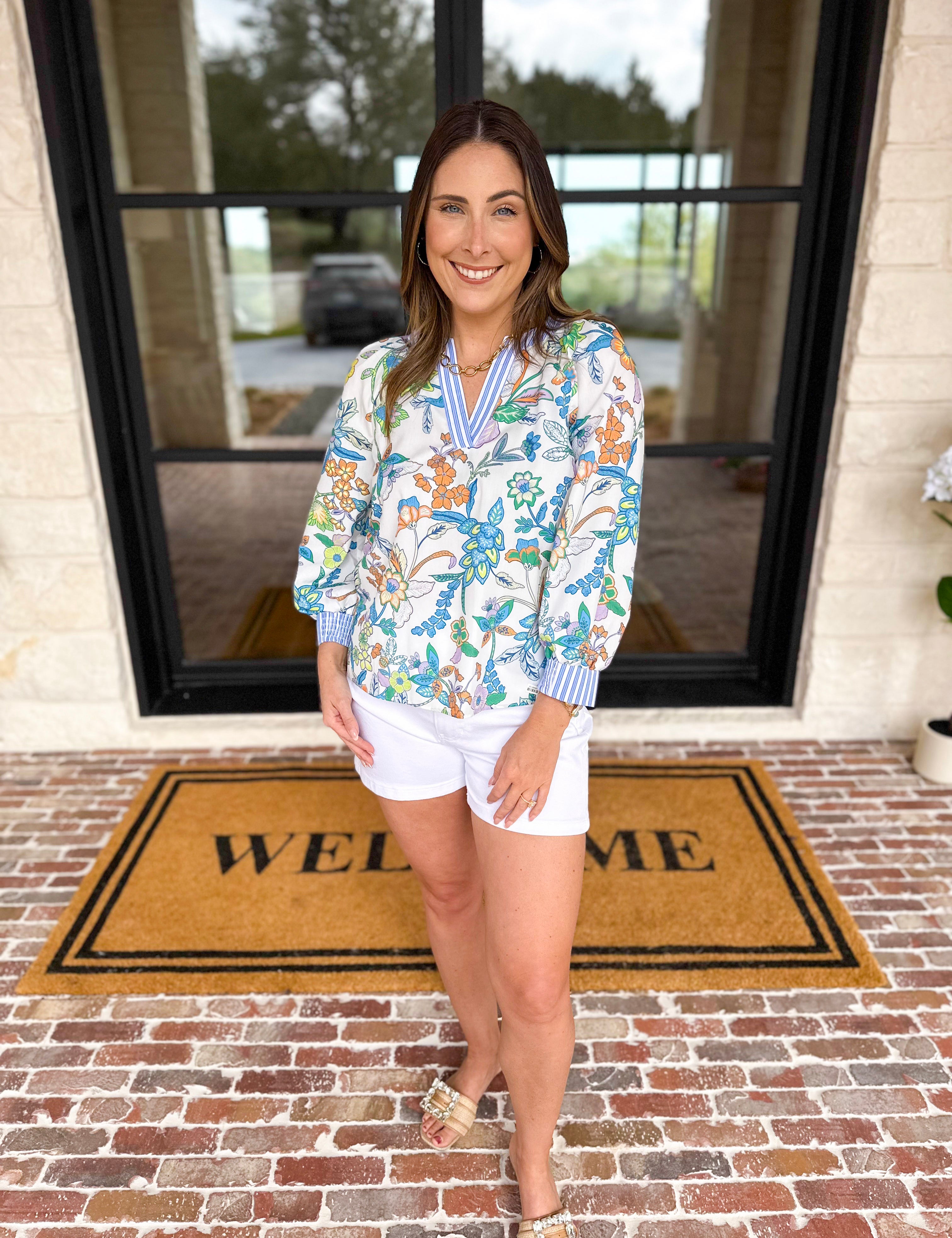 Current Air - Floral Contrast Stripe Blouse-200 Fashion Blouses-CURRENT AIR CLOTHING-July & June Women's Fashion Boutique Located in San Antonio, Texas