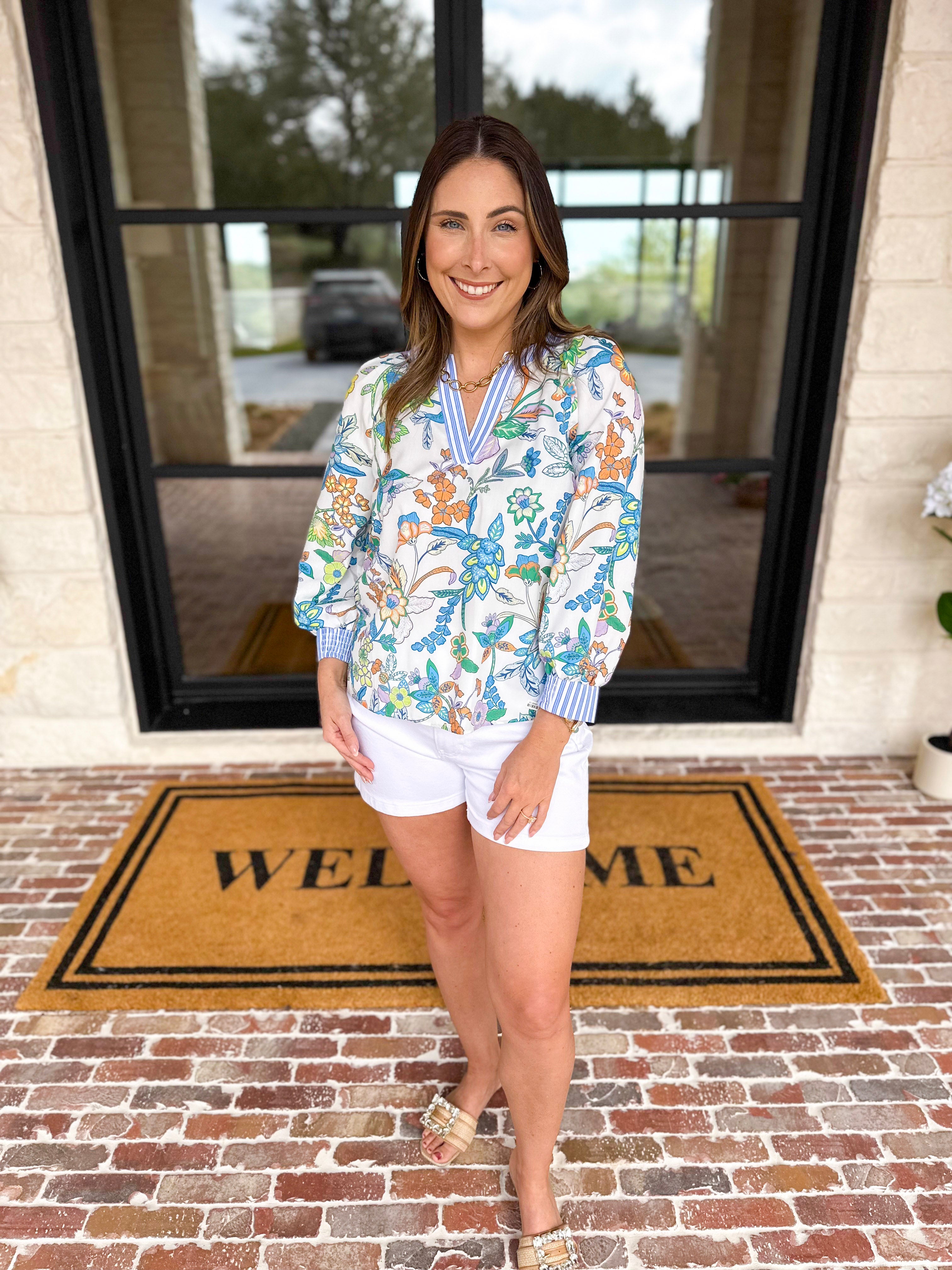Current Air - Floral Contrast Stripe Blouse-200 Fashion Blouses-CURRENT AIR CLOTHING-July & June Women's Fashion Boutique Located in San Antonio, Texas
