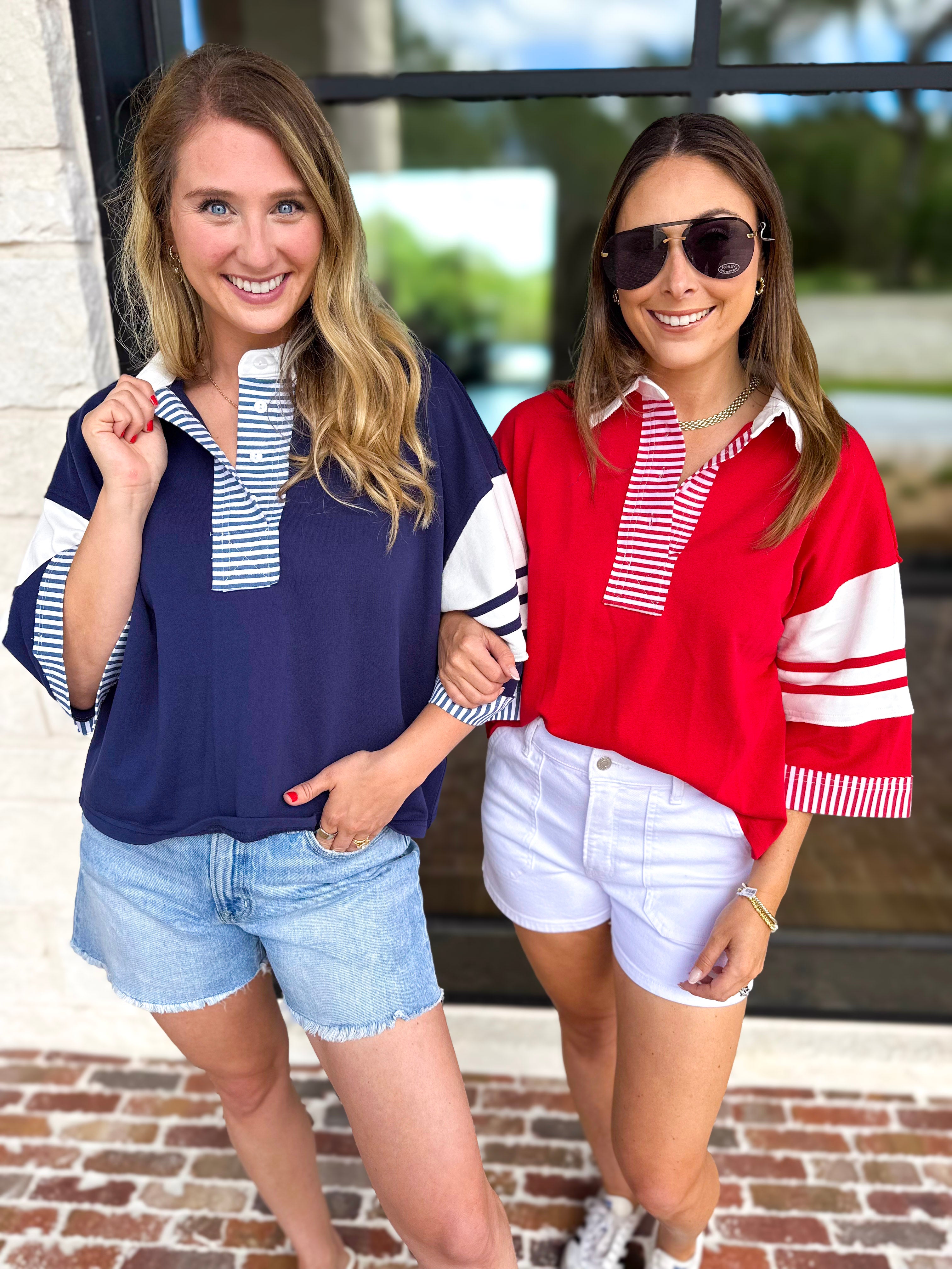 Cool Girl Oversized Polo Top - Navy-210 Casual Blouses-JODIFL-July & June Women's Fashion Boutique Located in San Antonio, Texas
