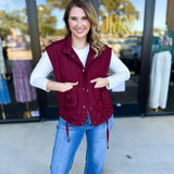 Quilted Bow Vest - Burgundy-600 Outerwear-BLU PEPPER-July & June Women's Fashion Boutique Located in San Antonio, Texas