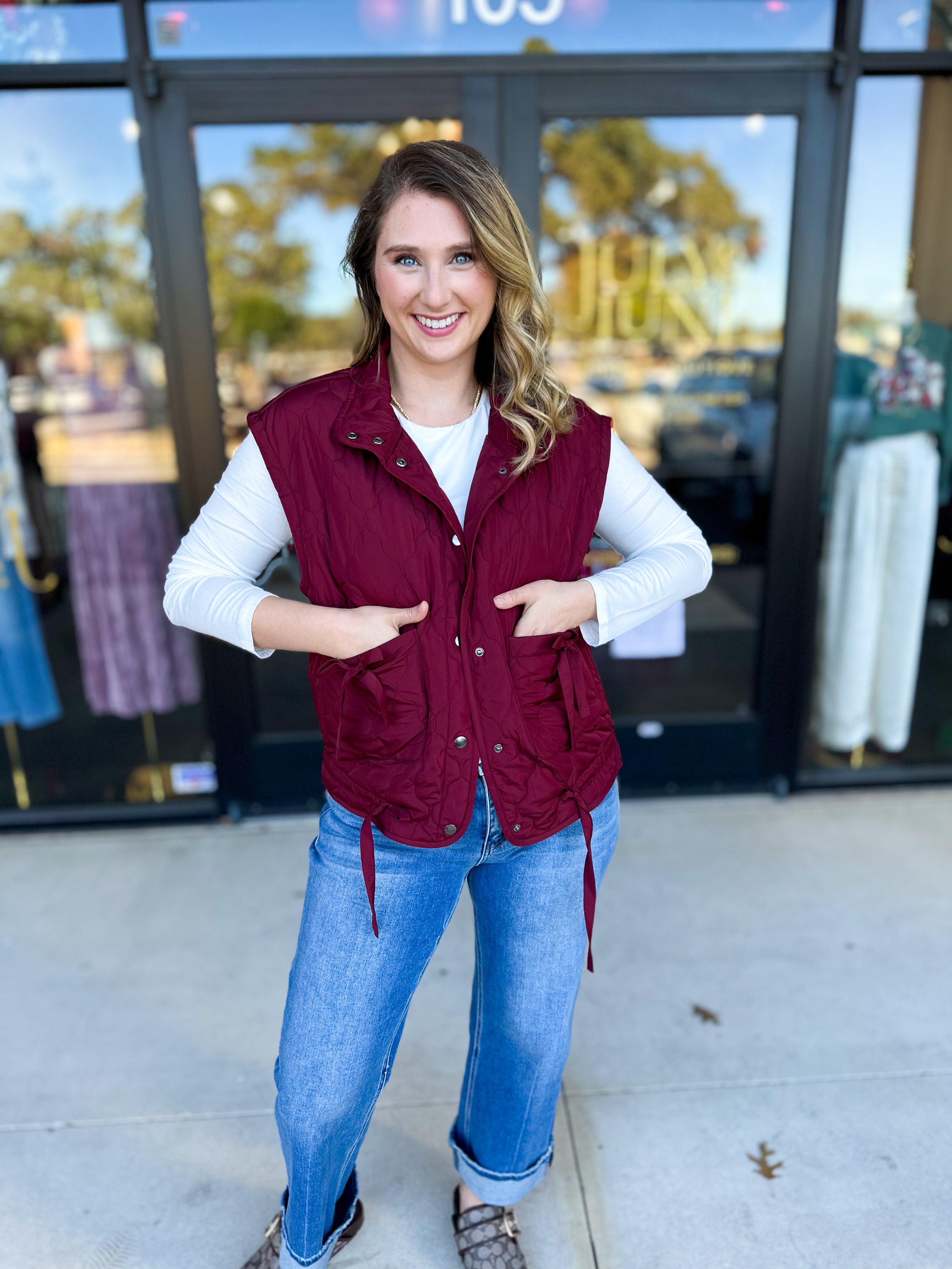 Quilted Bow Vest - Burgundy-600 Outerwear-BLU PEPPER-July & June Women's Fashion Boutique Located in San Antonio, Texas