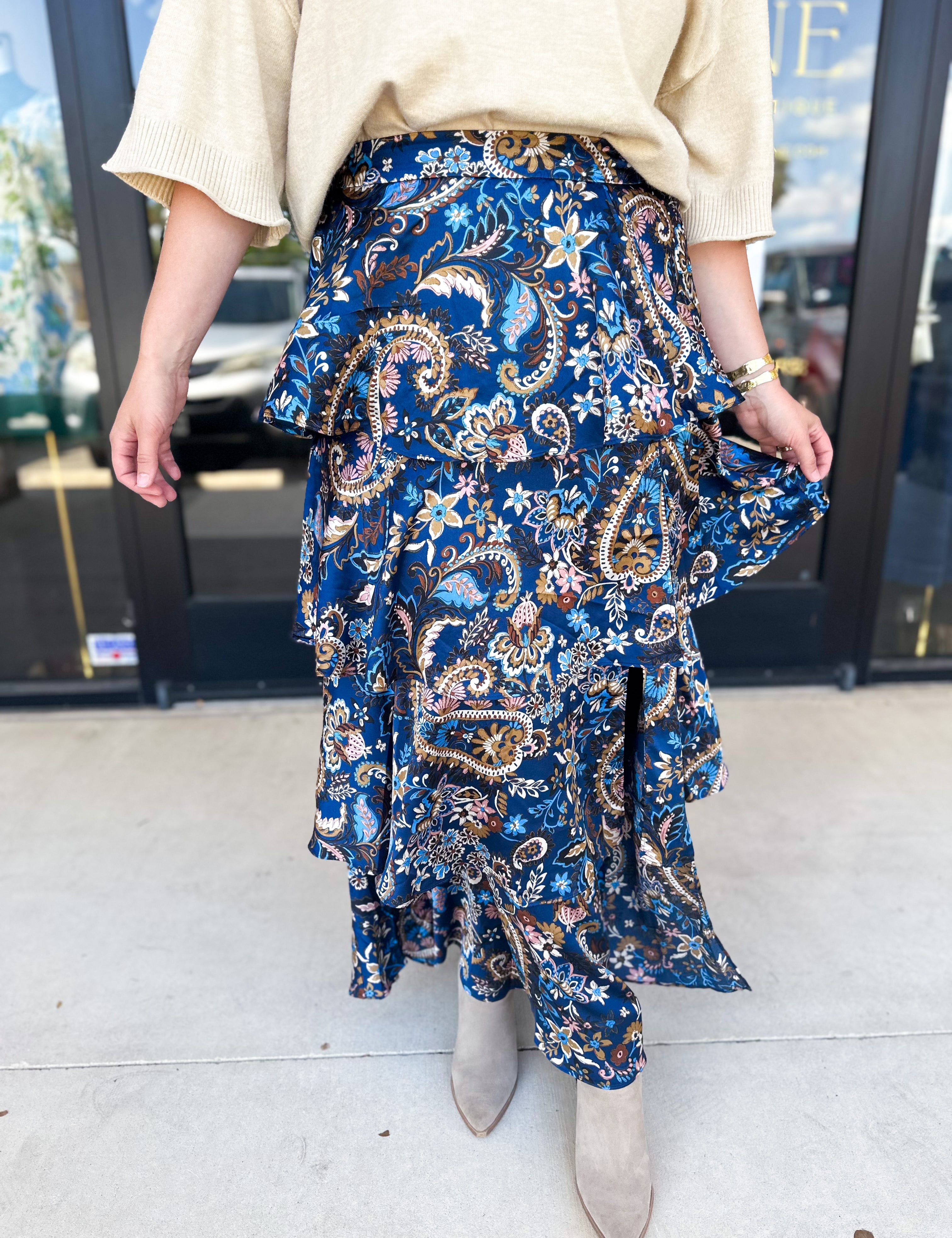Blue Paisley Midi Skirt-410 Shorts/Skirts-SKIES ARE BLUE-July & June Women's Fashion Boutique Located in San Antonio, Texas