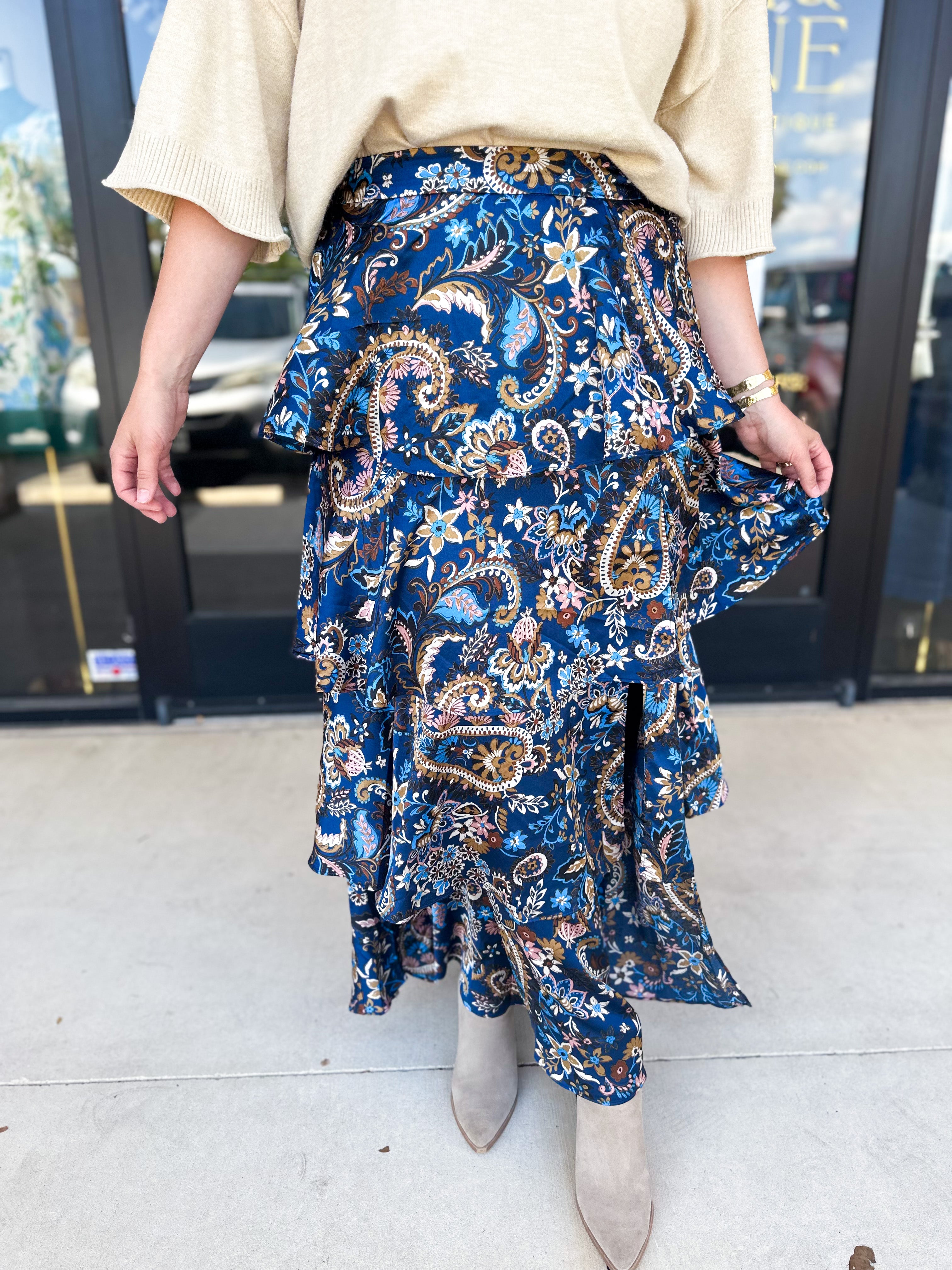 Blue Paisley Midi Skirt-410 Shorts/Skirts-SKIES ARE BLUE-July & June Women's Fashion Boutique Located in San Antonio, Texas