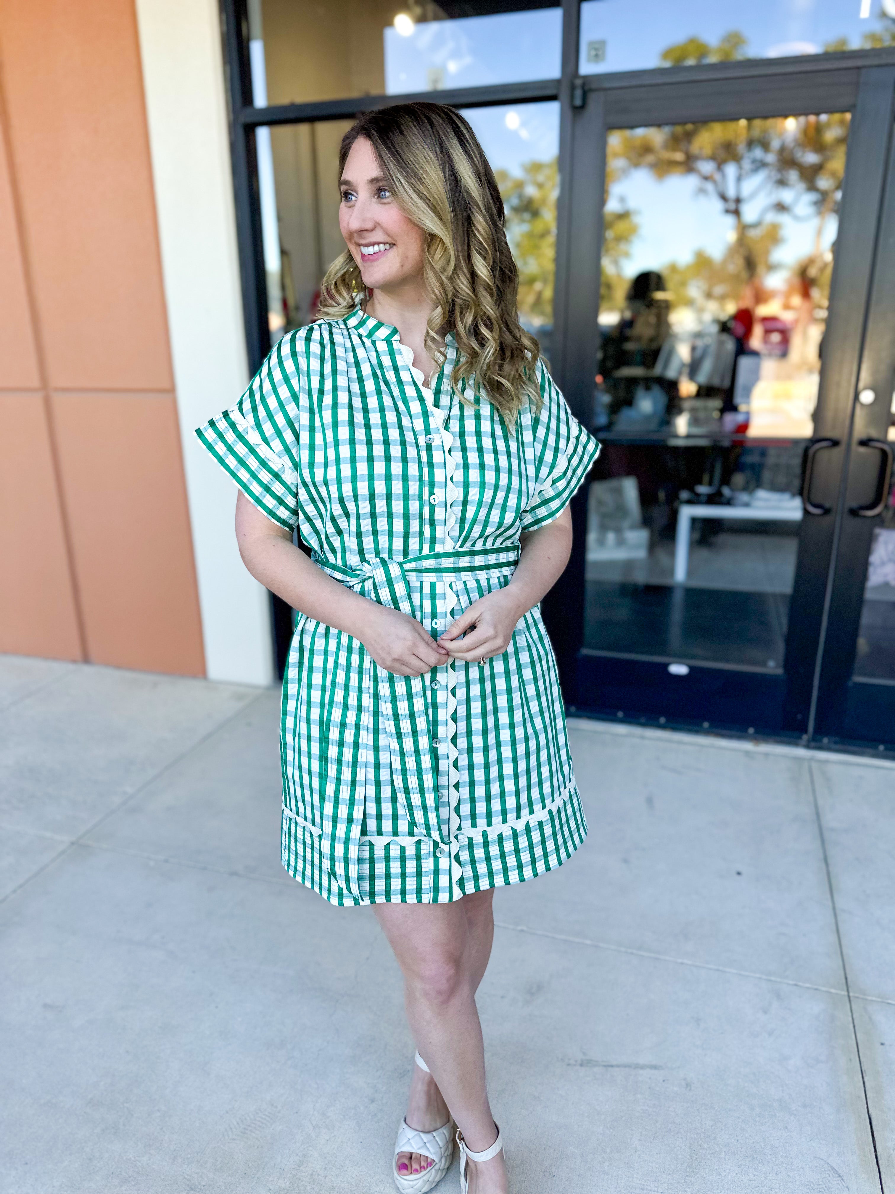 THML - Kelly Green Gingham Mini Dress-510 Mini-THML-July & June Women's Fashion Boutique Located in San Antonio, Texas