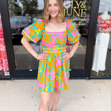 Bold Print Pink & Orange Mini Dress-510 Mini-PEACH LOVE-July & June Women's Fashion Boutique Located in San Antonio, Texas
