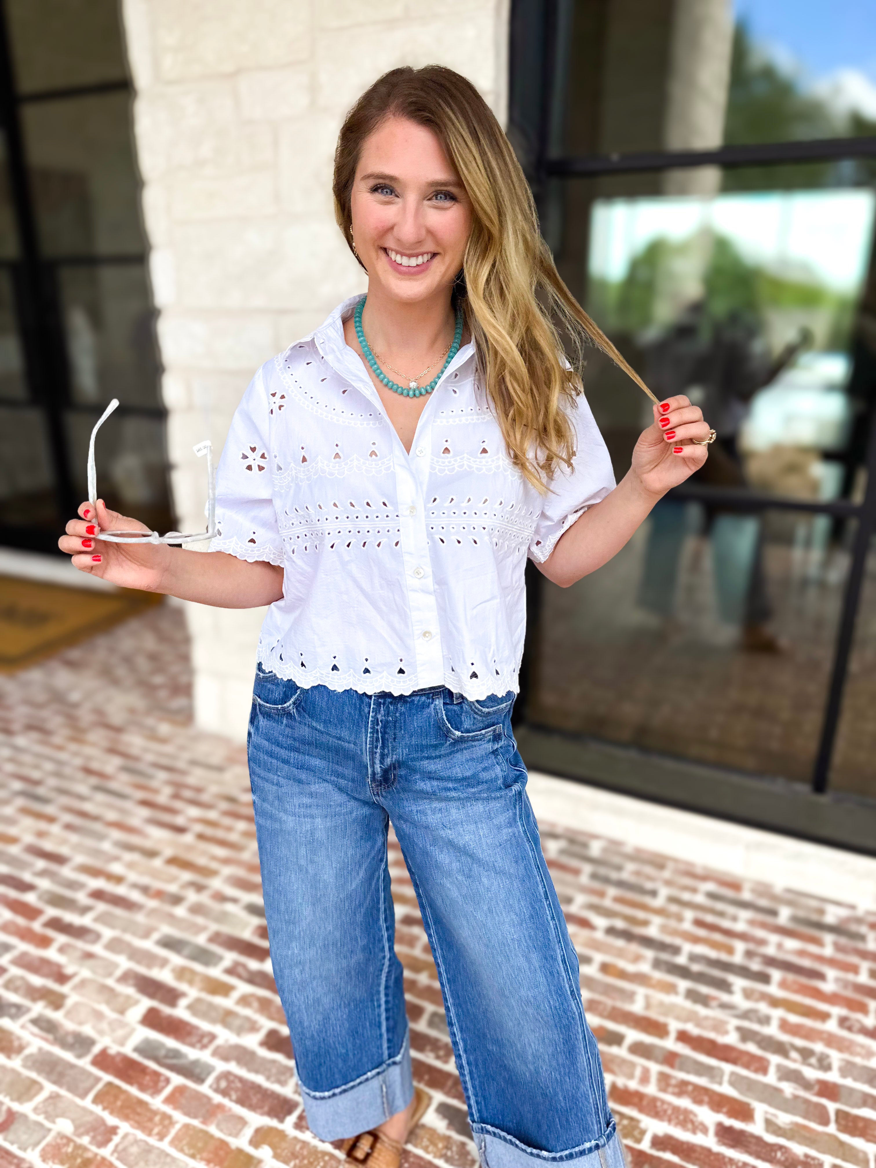 THML - Summertime Eyelet Blouse-200 Fashion Blouses-THML-July & June Women's Fashion Boutique Located in San Antonio, Texas
