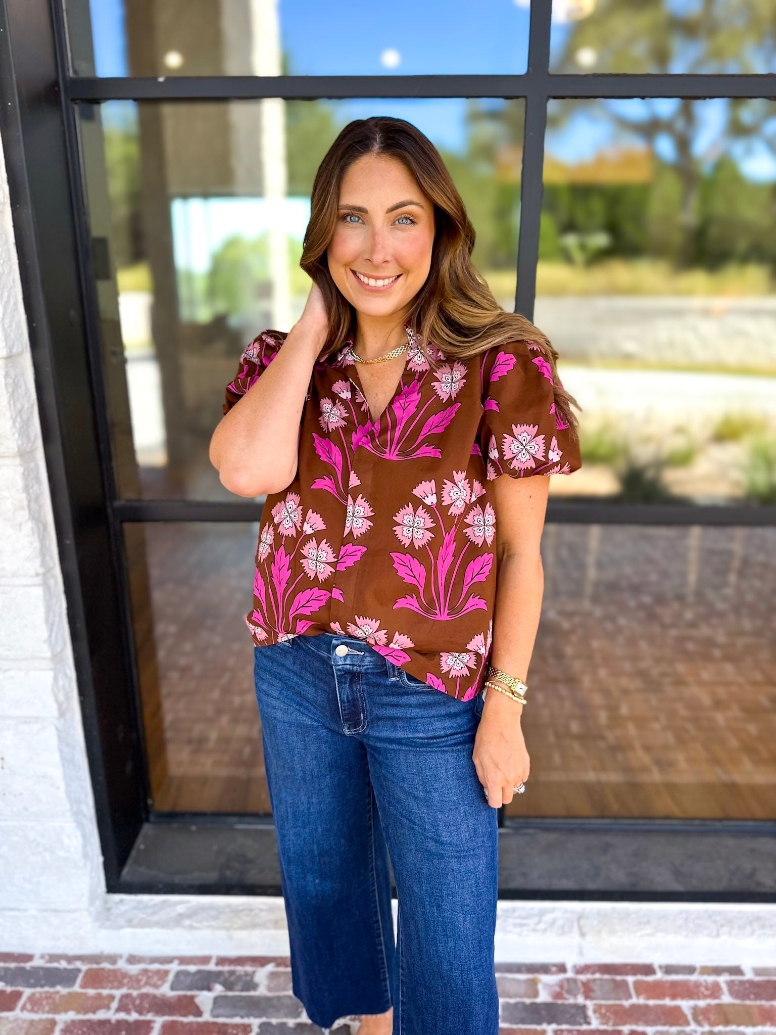 Pink & Chocolate Floral Blouse-200 Fashion Blouses-TCEC-July & June Women's Fashion Boutique Located in San Antonio, Texas