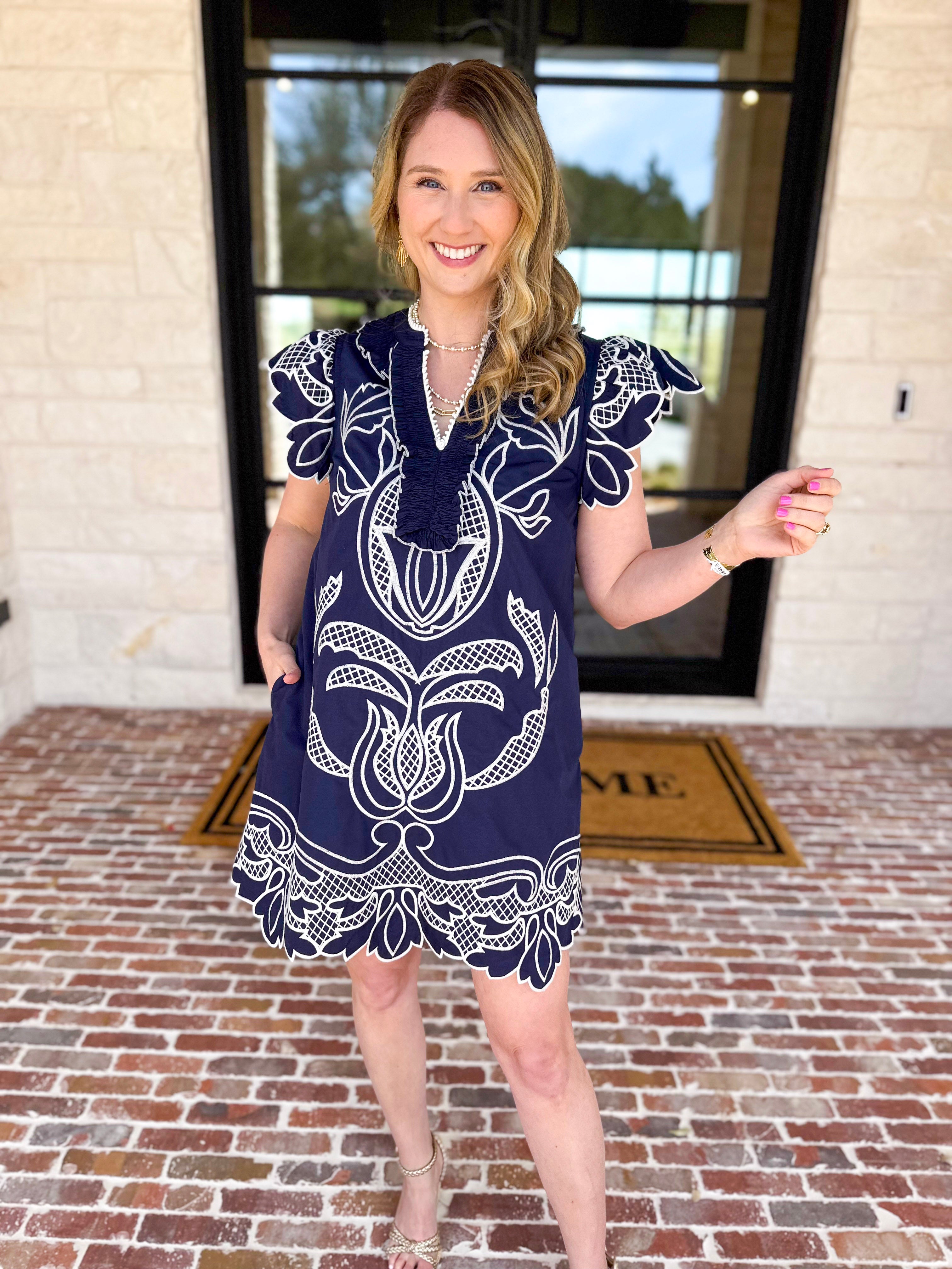 Bloom Embroidered Mini Dress - Navy-510 Mini-ENTRO-July & June Women's Fashion Boutique Located in San Antonio, Texas