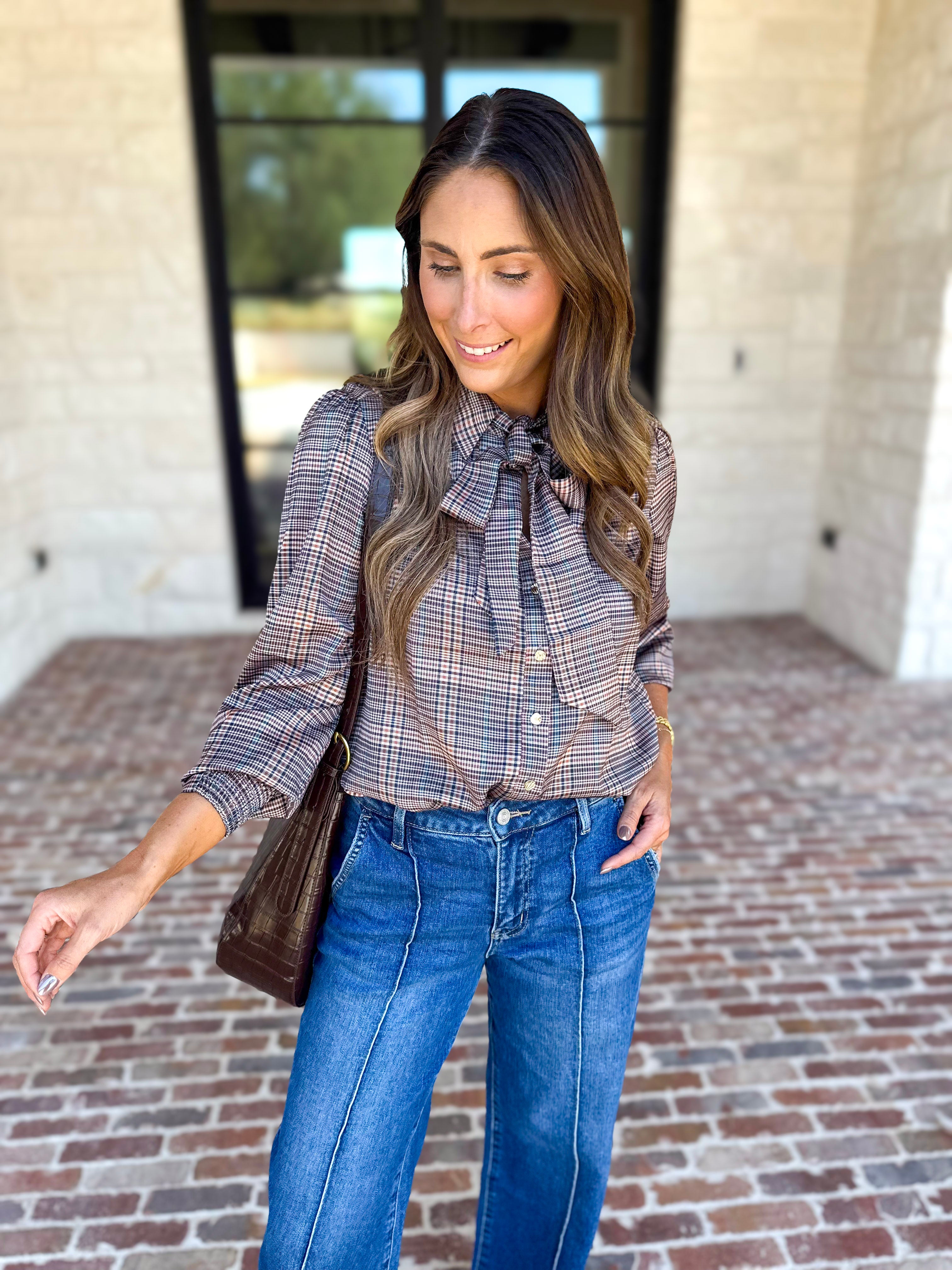 Current Air - Uptown Plaid Button Down Blouse-200 Fashion Blouses-CURRENT AIR CLOTHING-July & June Women's Fashion Boutique Located in San Antonio, Texas