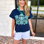 Coastal Embroidered Blouse - Navy-200 Fashion Blouses-JODIFL-July & June Women's Fashion Boutique Located in San Antonio, Texas