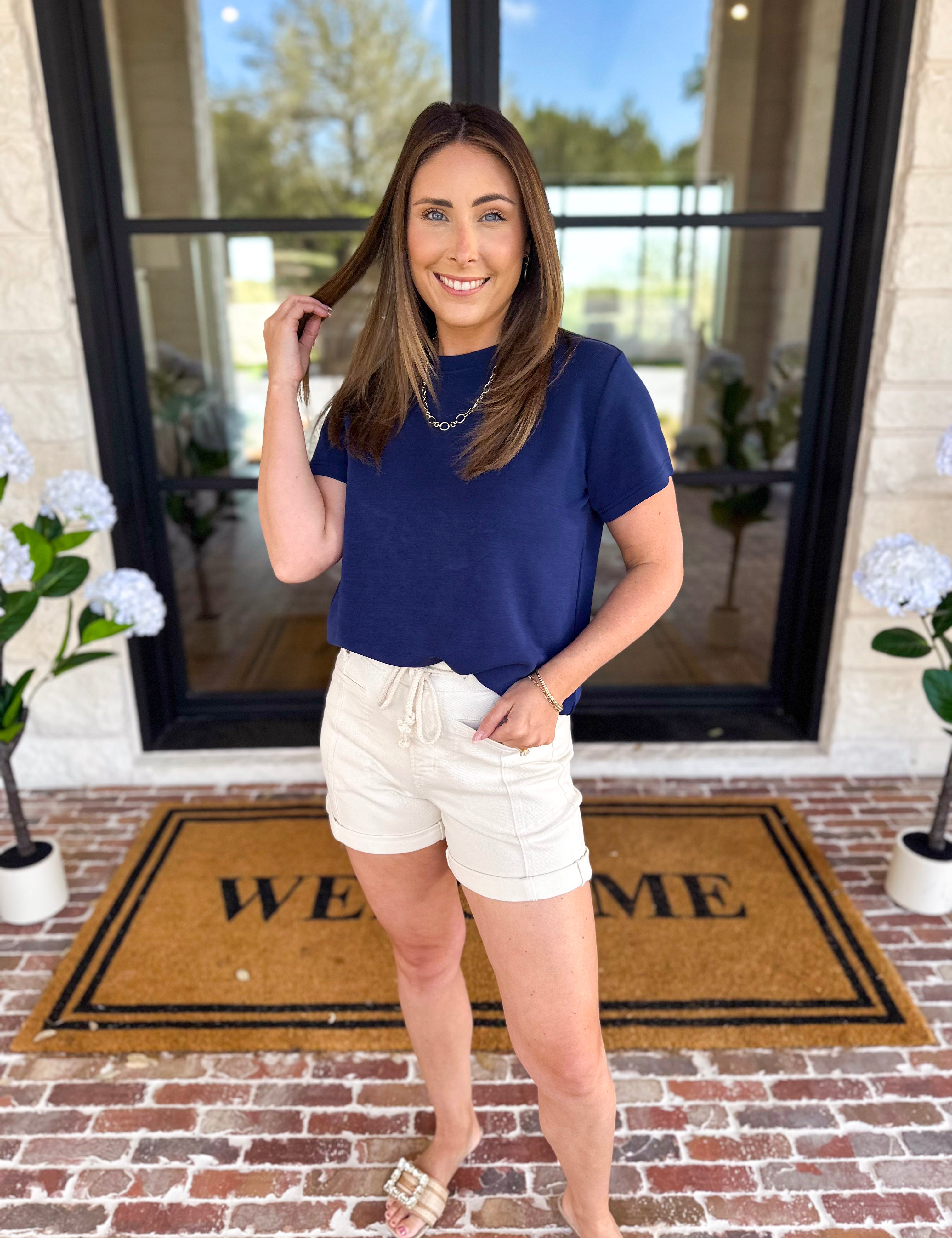 Mary Square - McKenzie Elevated Basic Tee - Navy-210 Casual Blouses-MARY SQUARE-July & June Women's Fashion Boutique Located in San Antonio, Texas