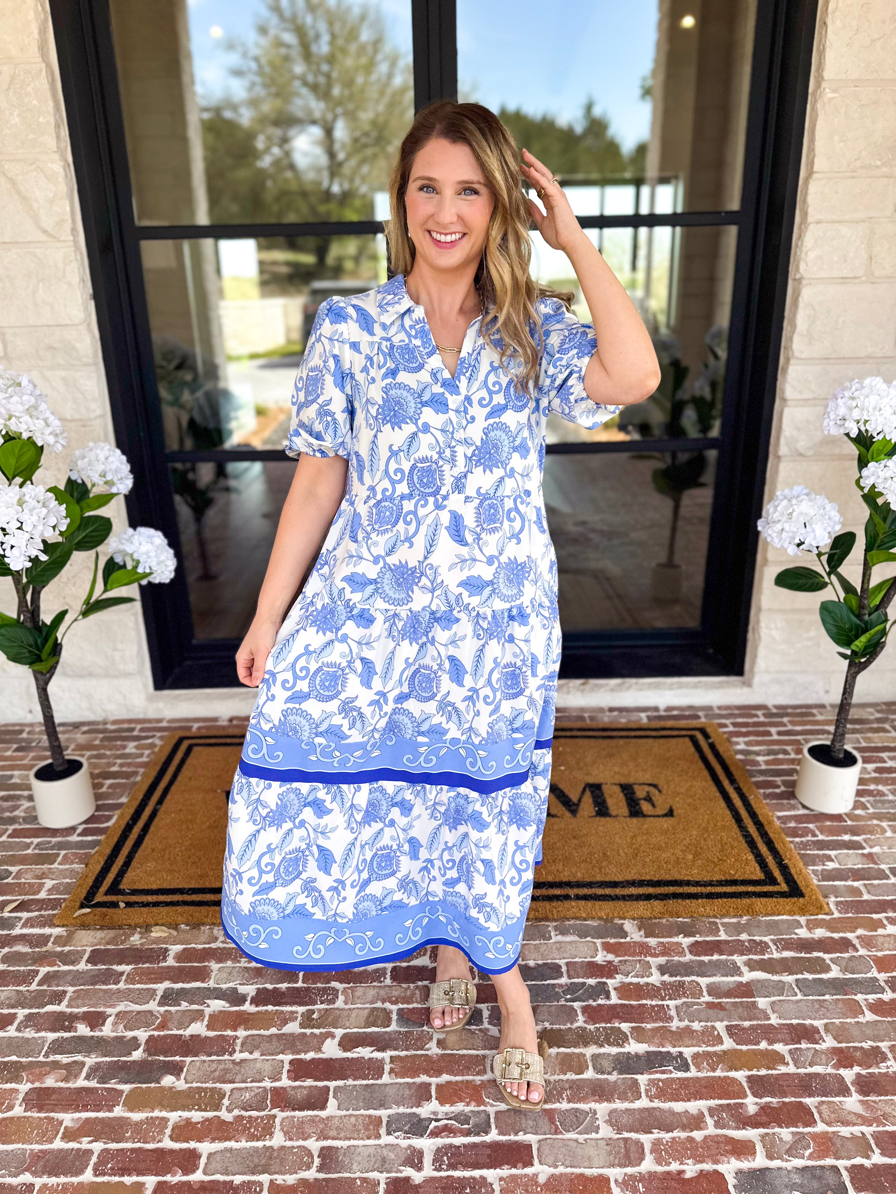 Mary Square - Porcelain Vines Midi Dress-500 Midi-MARY SQUARE-July & June Women's Fashion Boutique Located in San Antonio, Texas