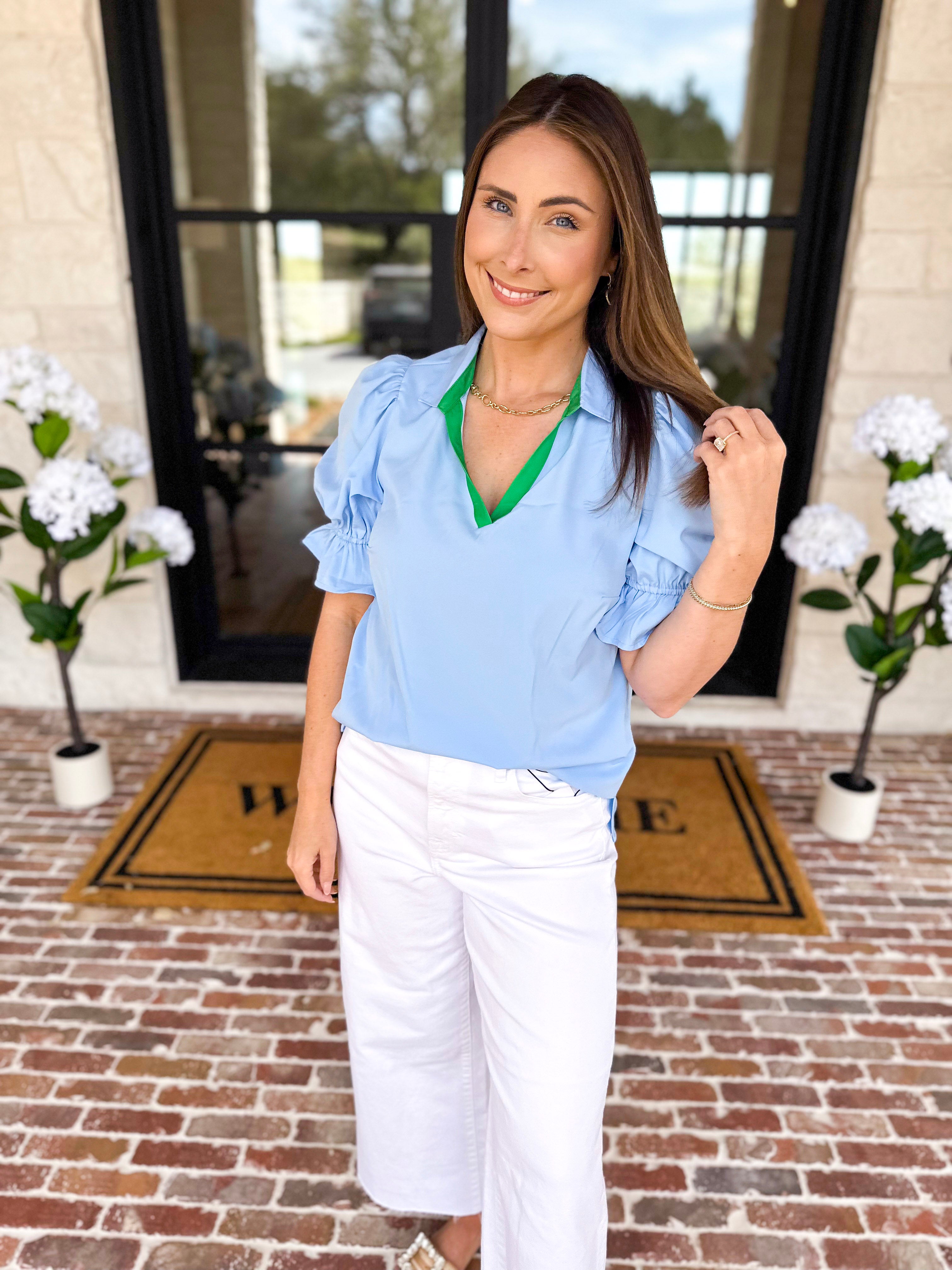 Mary Square - Jessica Blouse - Light Blue-200 Fashion Blouses-MARY SQUARE-July & June Women's Fashion Boutique Located in San Antonio, Texas