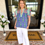 THML - Blue Flutter Sleeve Blouse-200 Fashion Blouses-THML-July & June Women's Fashion Boutique Located in San Antonio, Texas