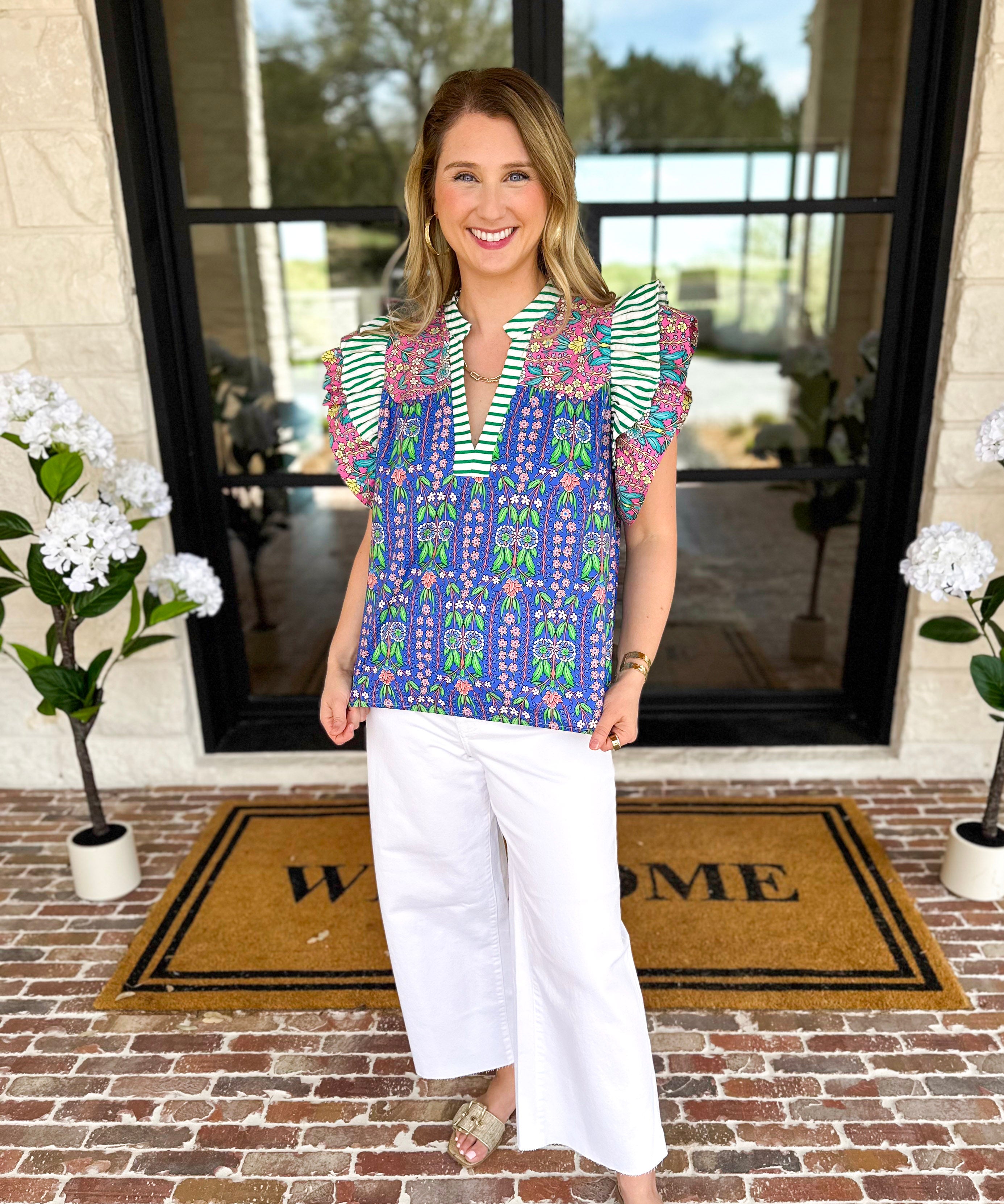 THML - Blue Flutter Sleeve Blouse-200 Fashion Blouses-THML-July & June Women's Fashion Boutique Located in San Antonio, Texas