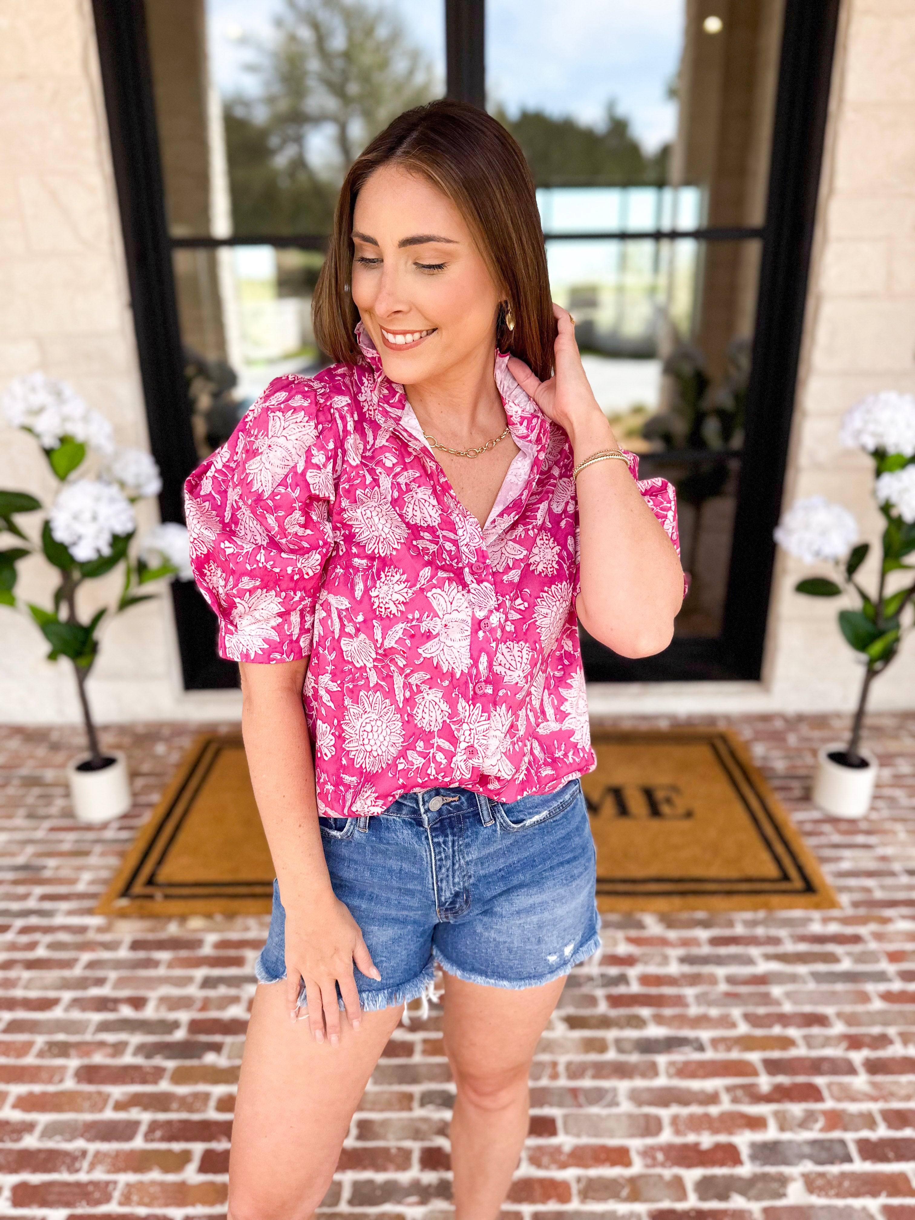 Punchy Pink Floral Blouse-200 Fashion Blouses-FATE-July & June Women's Fashion Boutique Located in San Antonio, Texas
