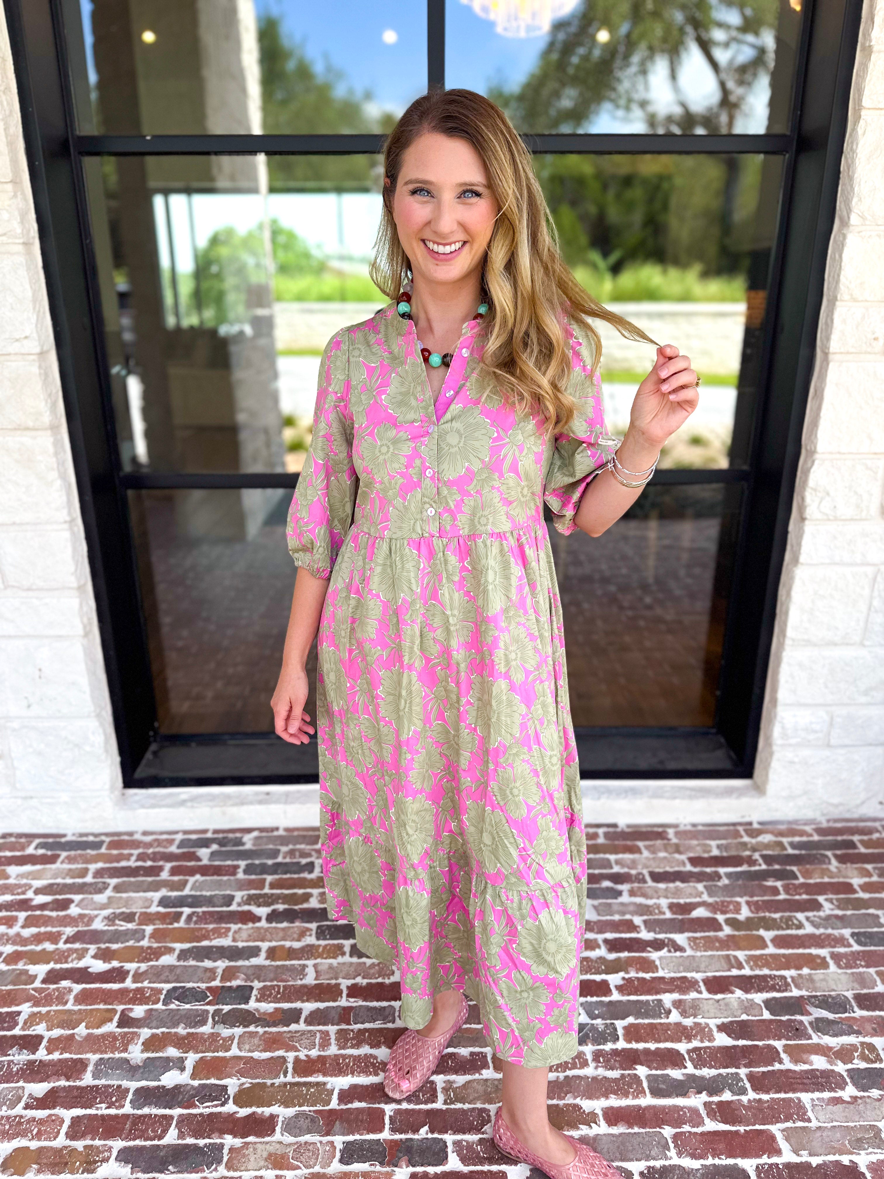 Mary Square - Riley Pink & Sage Floral Midi Dress-500 Midi-MARY SQUARE-July & June Women's Fashion Boutique Located in San Antonio, Texas