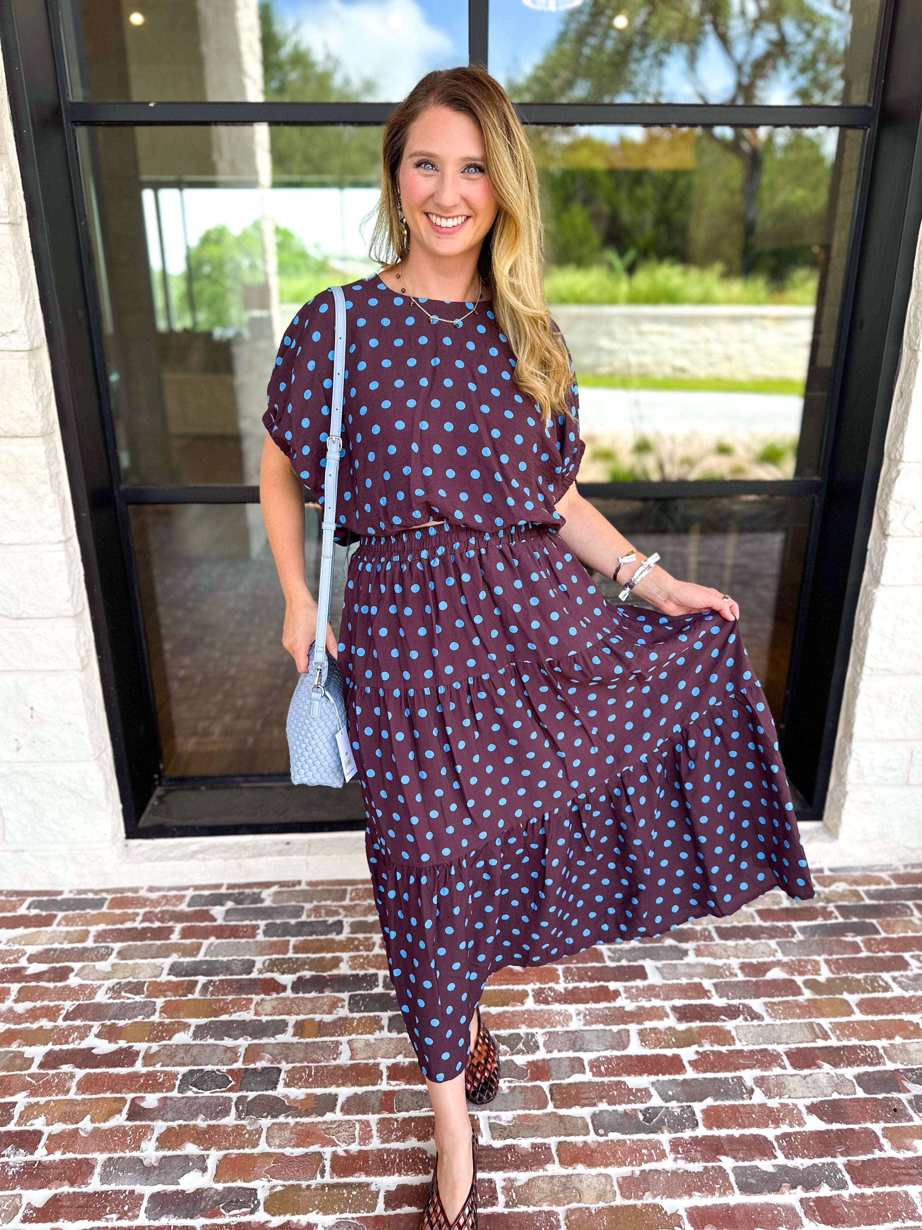 Darling in Dots Set - Brown & Blue-500 Midi-ENTRO-July & June Women's Fashion Boutique Located in San Antonio, Texas