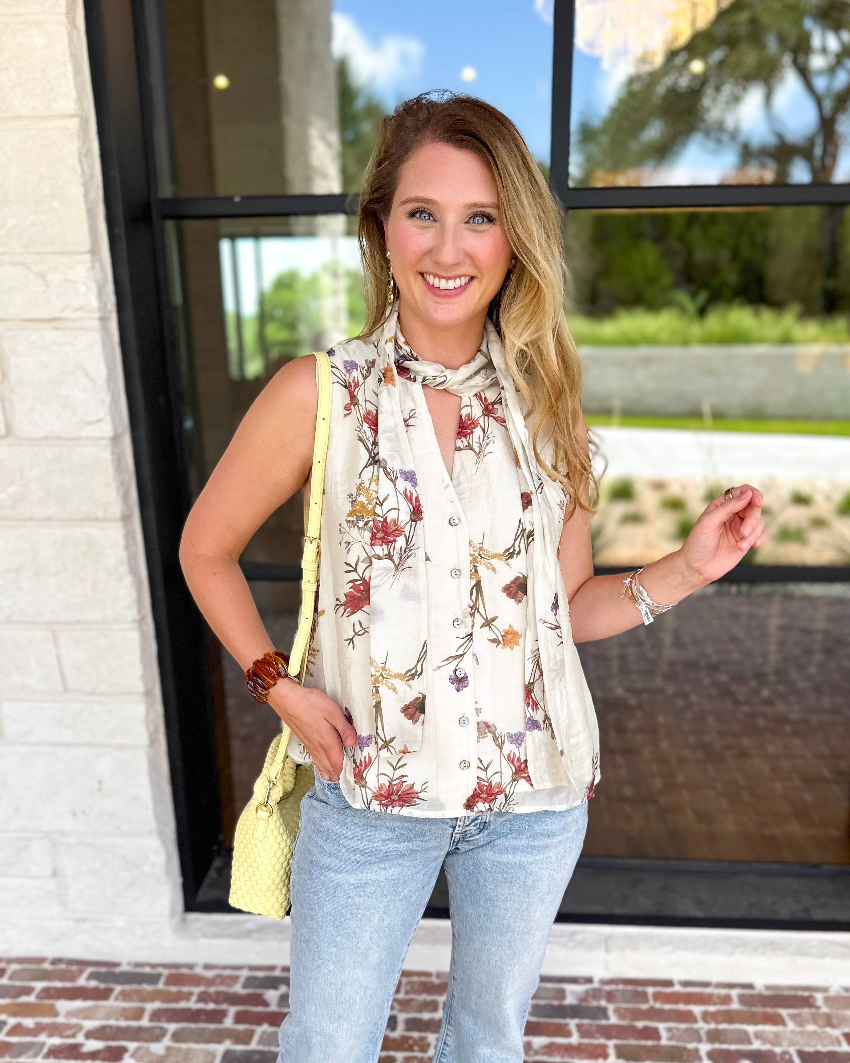 Cream Floral Tank Blouse-200 Fashion Blouses-ENTRO-July & June Women's Fashion Boutique Located in San Antonio, Texas