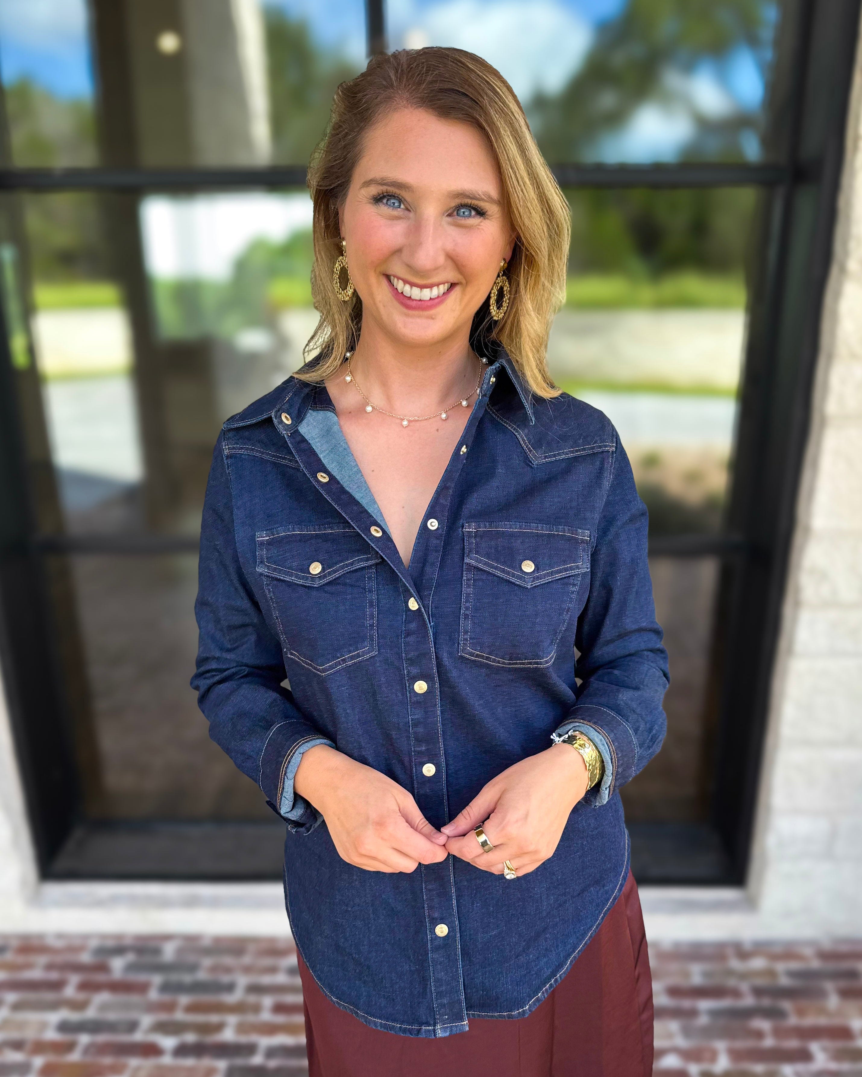 Liverpool - The Dakota Denim Button Down-200 Fashion Blouses-LIVERPOOL JEANS COMPANY-July & June Women's Fashion Boutique Located in San Antonio, Texas