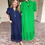 The Graceful Gathering Midi Dress - Navy-500 Midi-ENTRO-July & June Women's Fashion Boutique Located in San Antonio, Texas