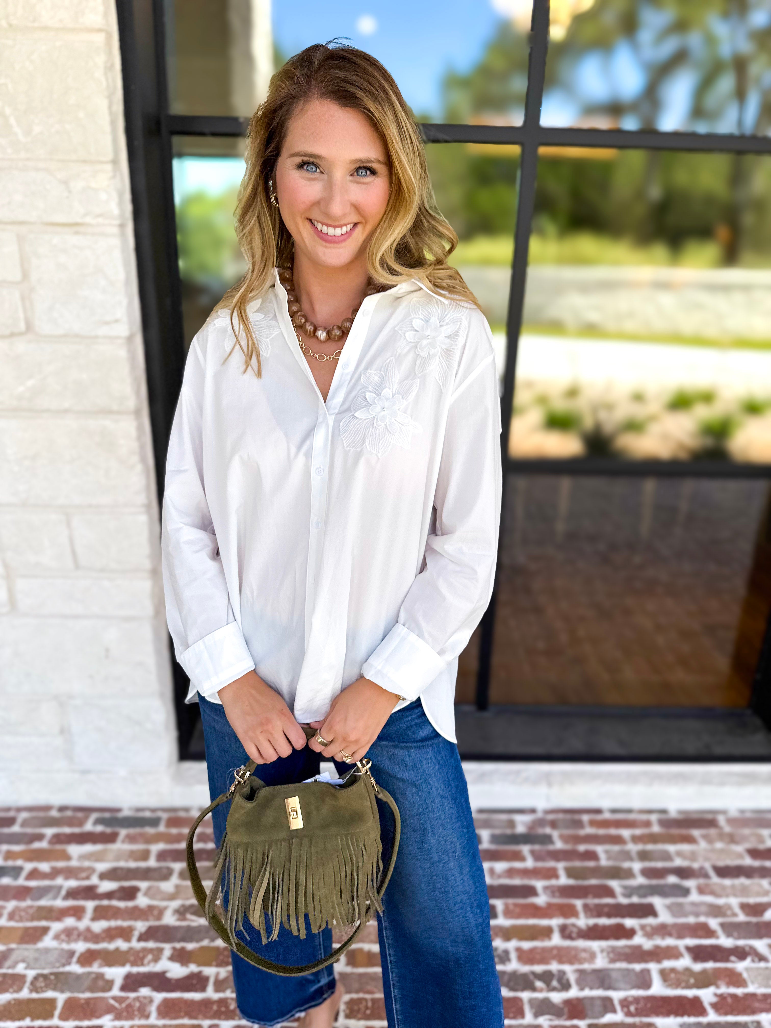 Current Air - Crisp White Floral Button Down Blouse-200 Fashion Blouses-CURRENT AIR CLOTHING-July & June Women's Fashion Boutique Located in San Antonio, Texas